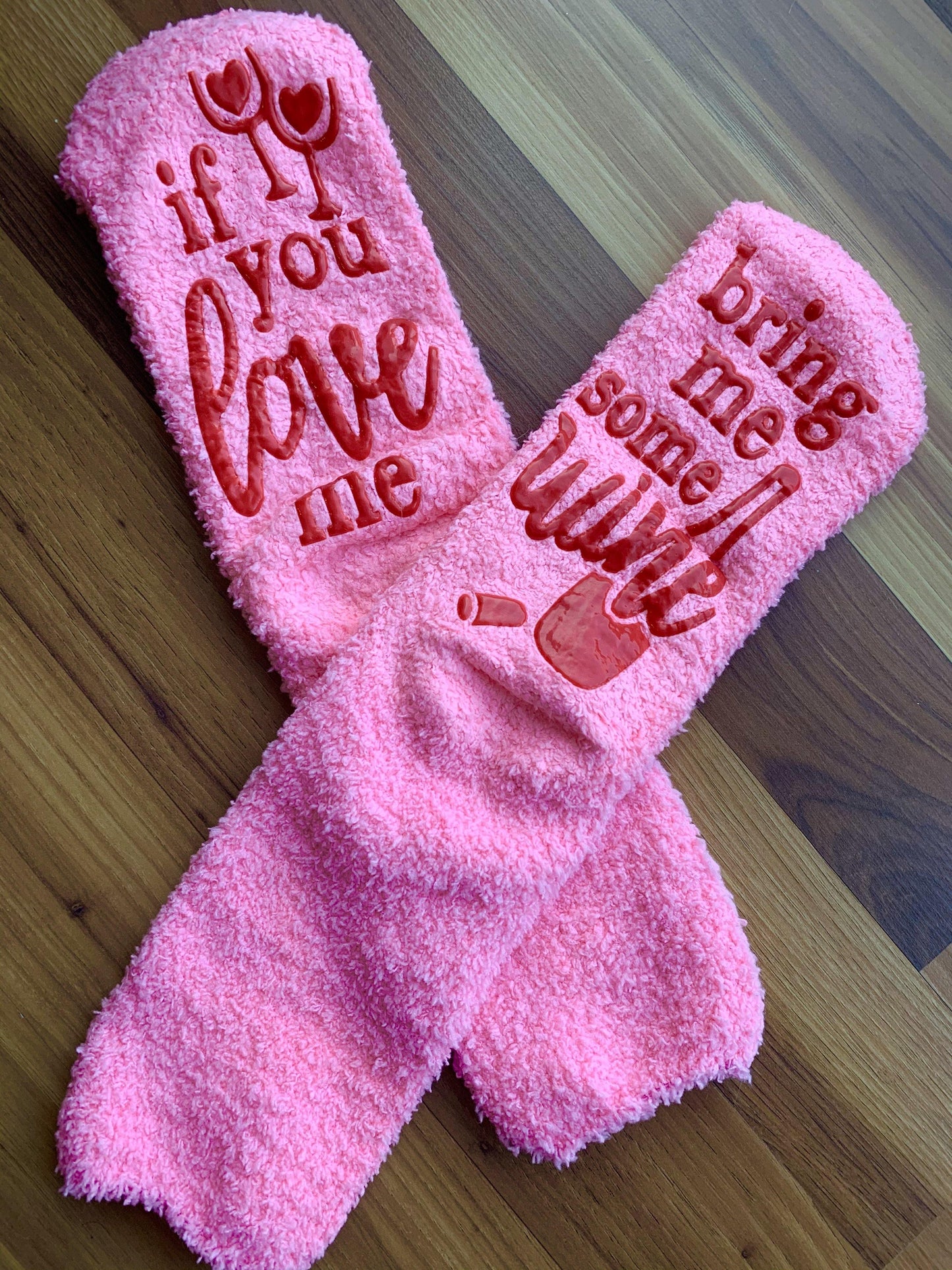 Socks { If you love me bring me wine } Pink fuzzy. - Stacy's Pink Martini Boutique