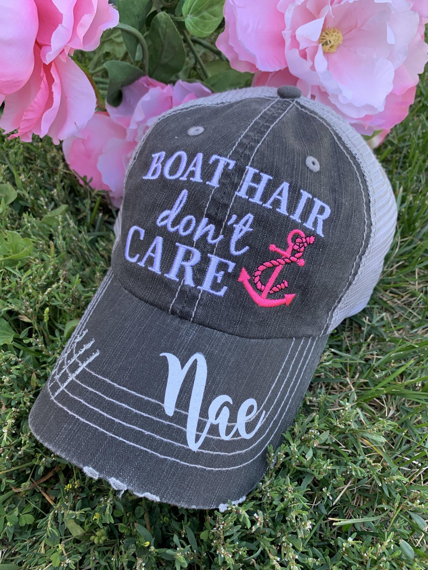 Boating Hats { Boat hair don’t care } Teal or pink anchor. Embroidered •  Trucker cap • - Stacy's Pink Martini Boutique