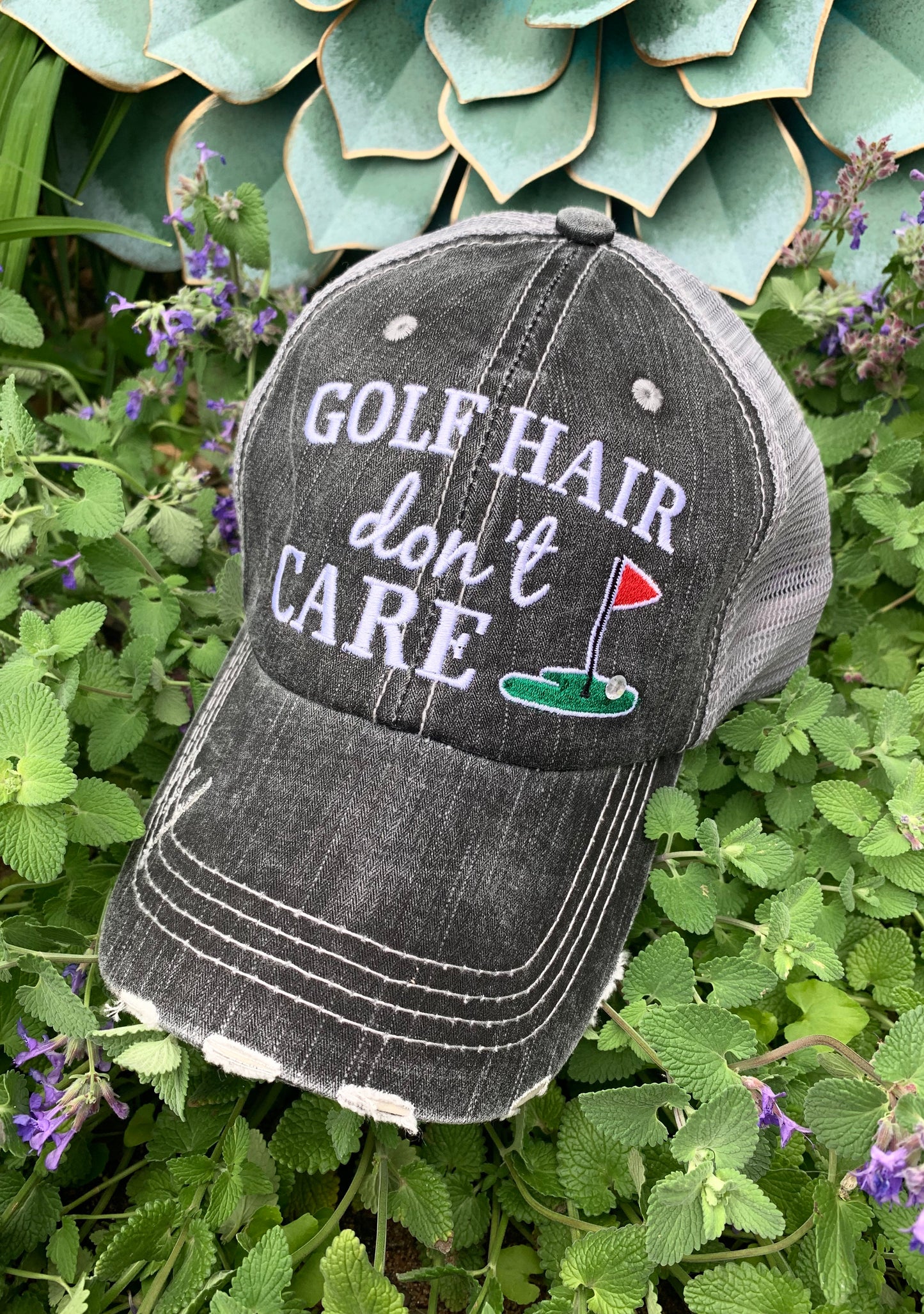 Golf hats! Golf mom | Golf hair dont care | Embroidered distressed trucker caps CUSTOMIZE-name-numbers-BLING! - Stacy's Pink Martini Boutique