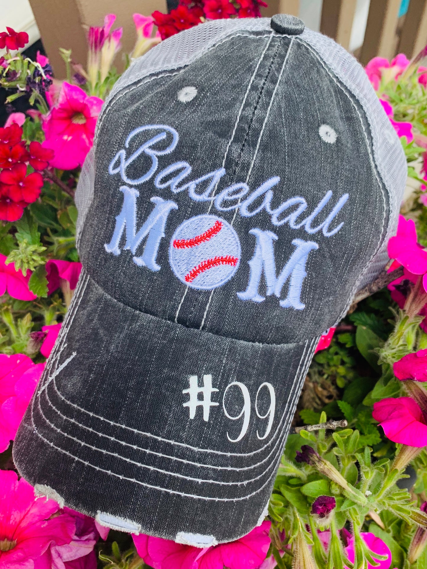 Personalized Mom hats Baseball mom Embroidered womens distressed trucker cap Sports - Stacy's Pink Martini Boutique