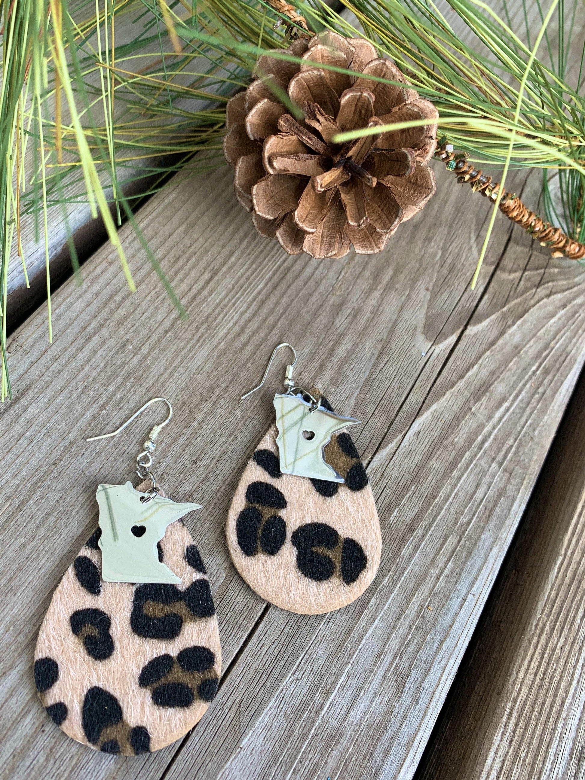 Earrings { Minnesota } Fur Leopard print teardrops with State of Mn or any state is available. Sterling silver state charms. Fish hook. - Stacy's Pink Martini Boutique