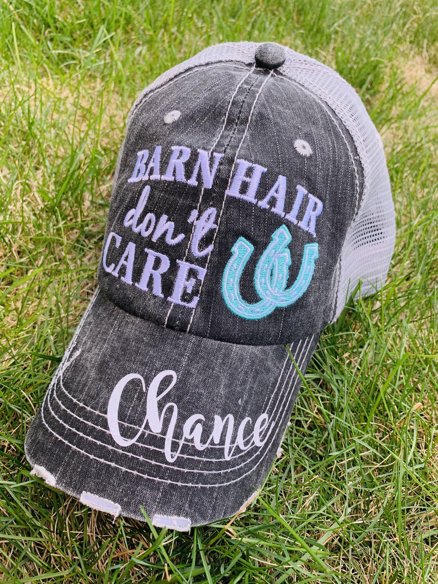 Barn Hats • Barn hair don’t care • Personalize • FREE SHIP! TEAL, PINK, WHITE horseshoe • Embroidered • Distressed • Horses - Stacy's Pink Martini Boutique