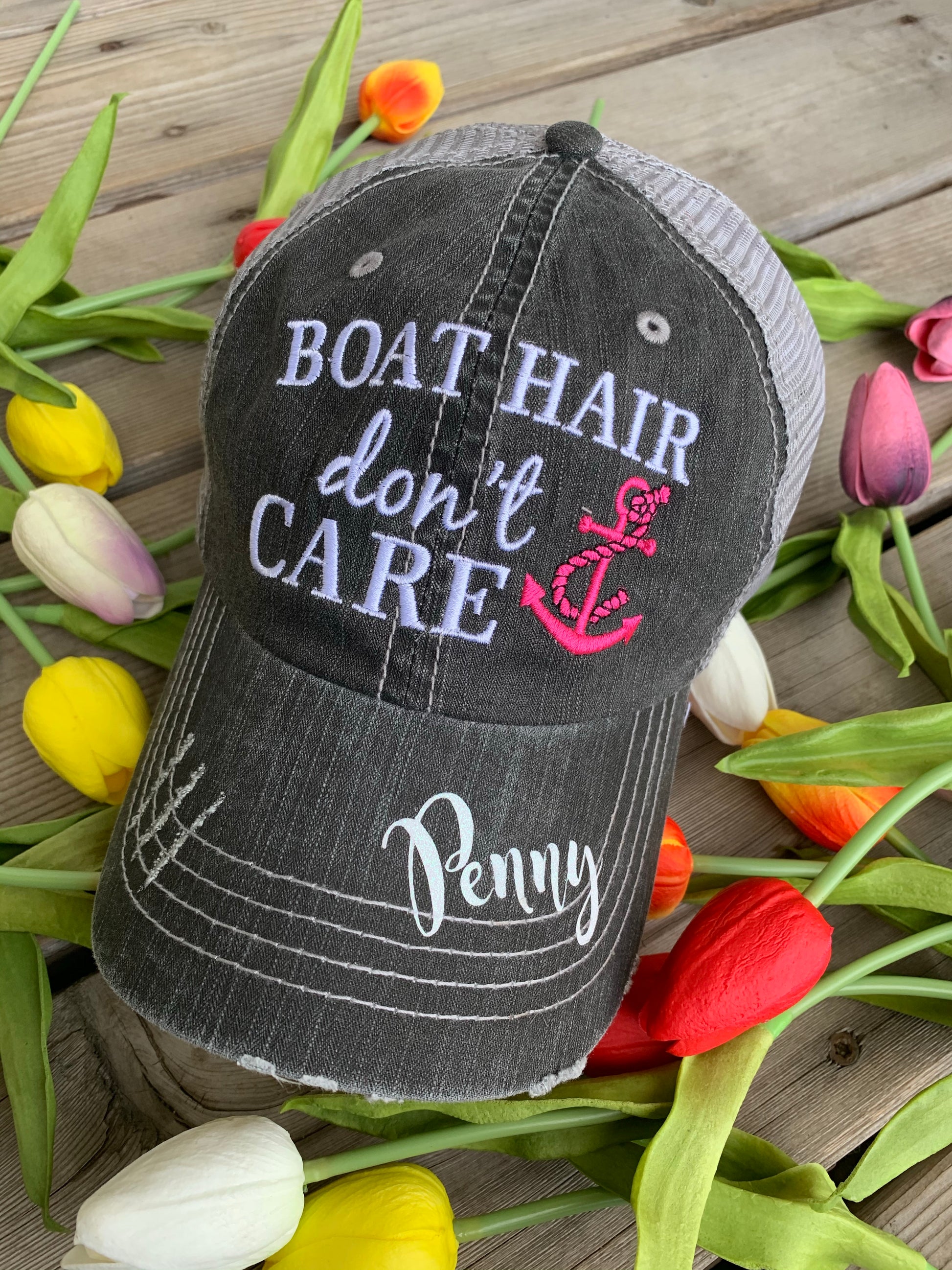 Pool hats Embroidered gray distressed unisex trucker caps Pool hair dont care Pool please Flamingos Flip flops - Stacy's Pink Martini Boutique
