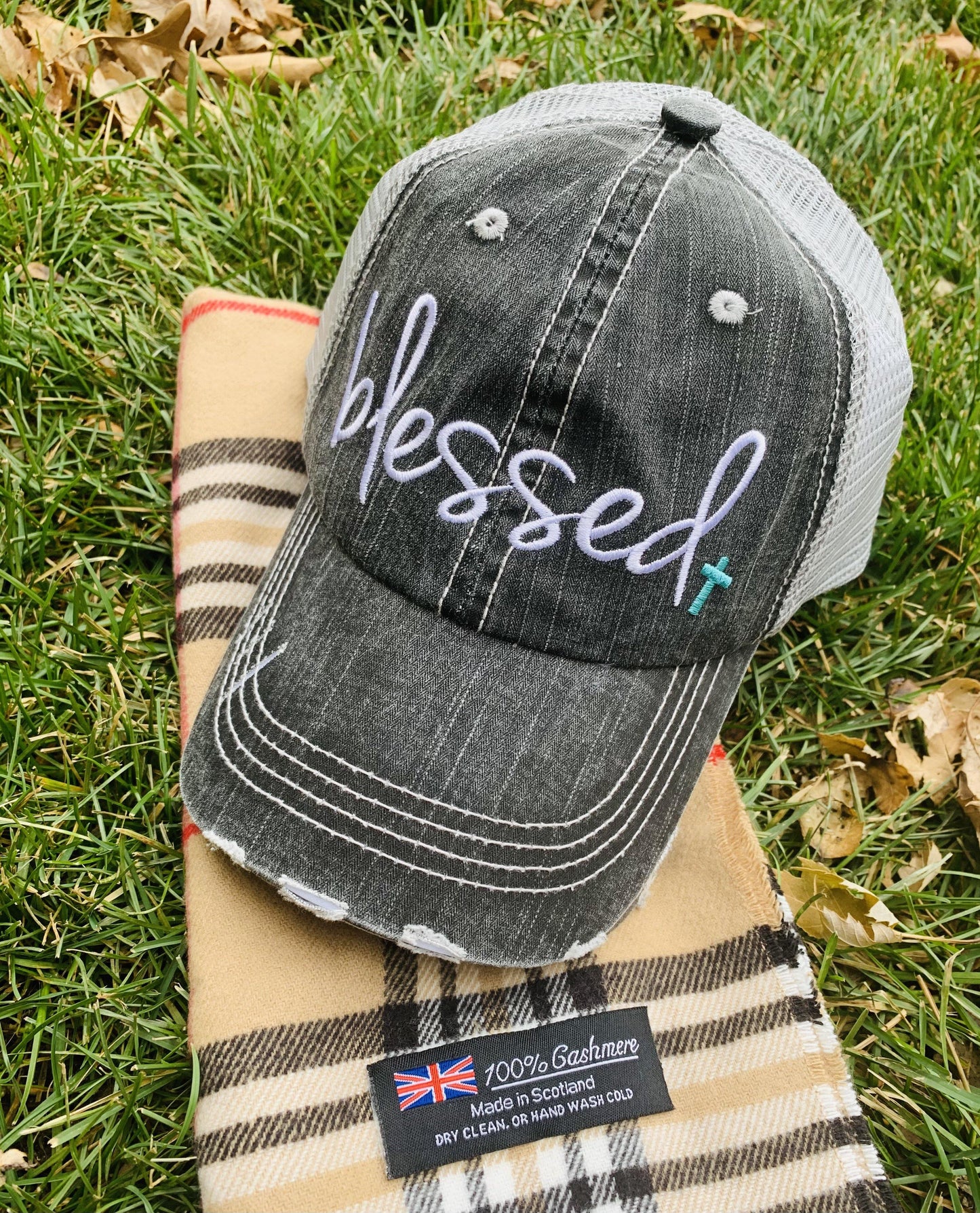 Blessed Hats •• Pink or teal cross • Embroidered, distressed, woman’s trucker cap - Stacy's Pink Martini Boutique