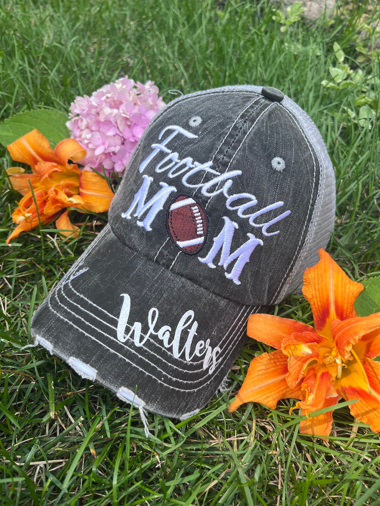 Personalized football hats Football mom Embroidered womens trucker caps - Stacy's Pink Martini Boutique