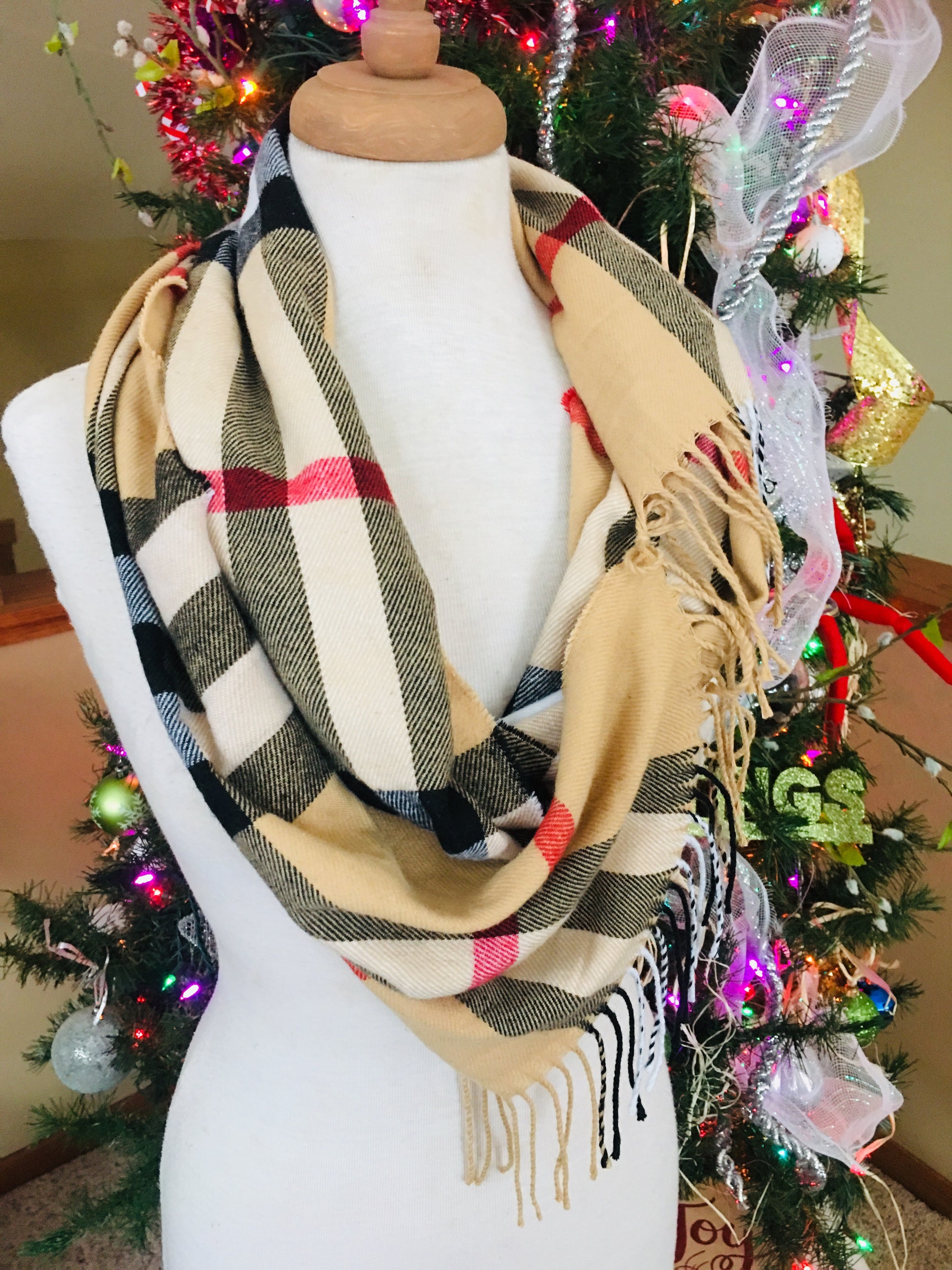 Scarf { Plaid, classic check, camel } Long. Tie end to make infinity. - Stacy's Pink Martini Boutique