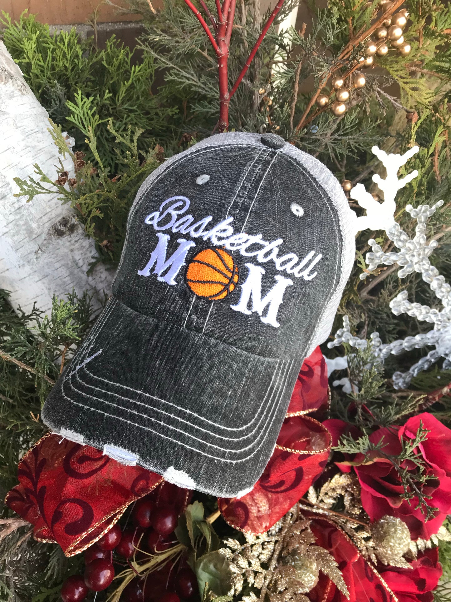 Basketball hats Basketball mom Personalized embroidered distressed gray womens trucker caps - Stacy's Pink Martini Boutique