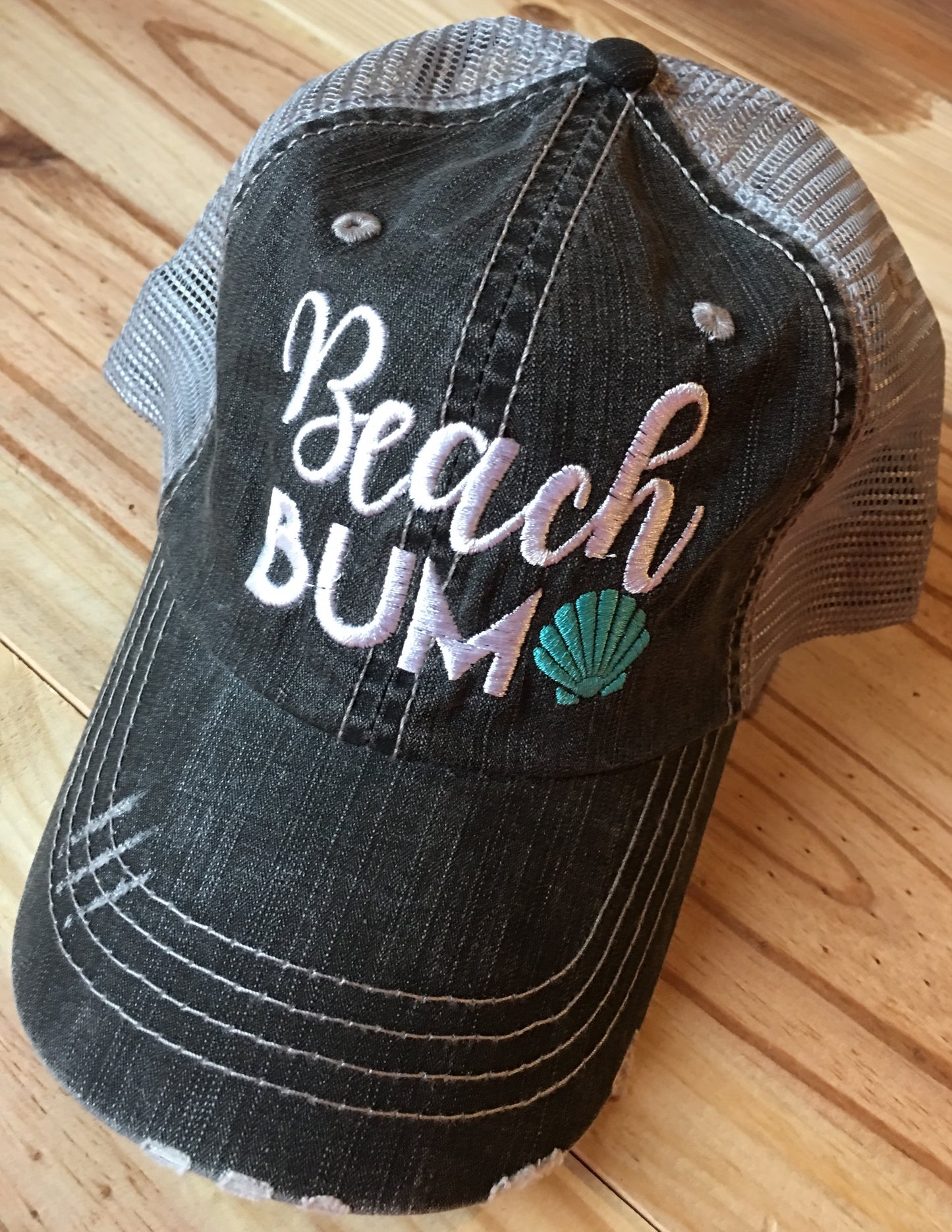 Hat { Beach Bum } 3 styles / colors. Seashells. Embroidered distressed trucker caps with adjustable velcro and hole for pony. - Stacy's Pink Martini Boutique