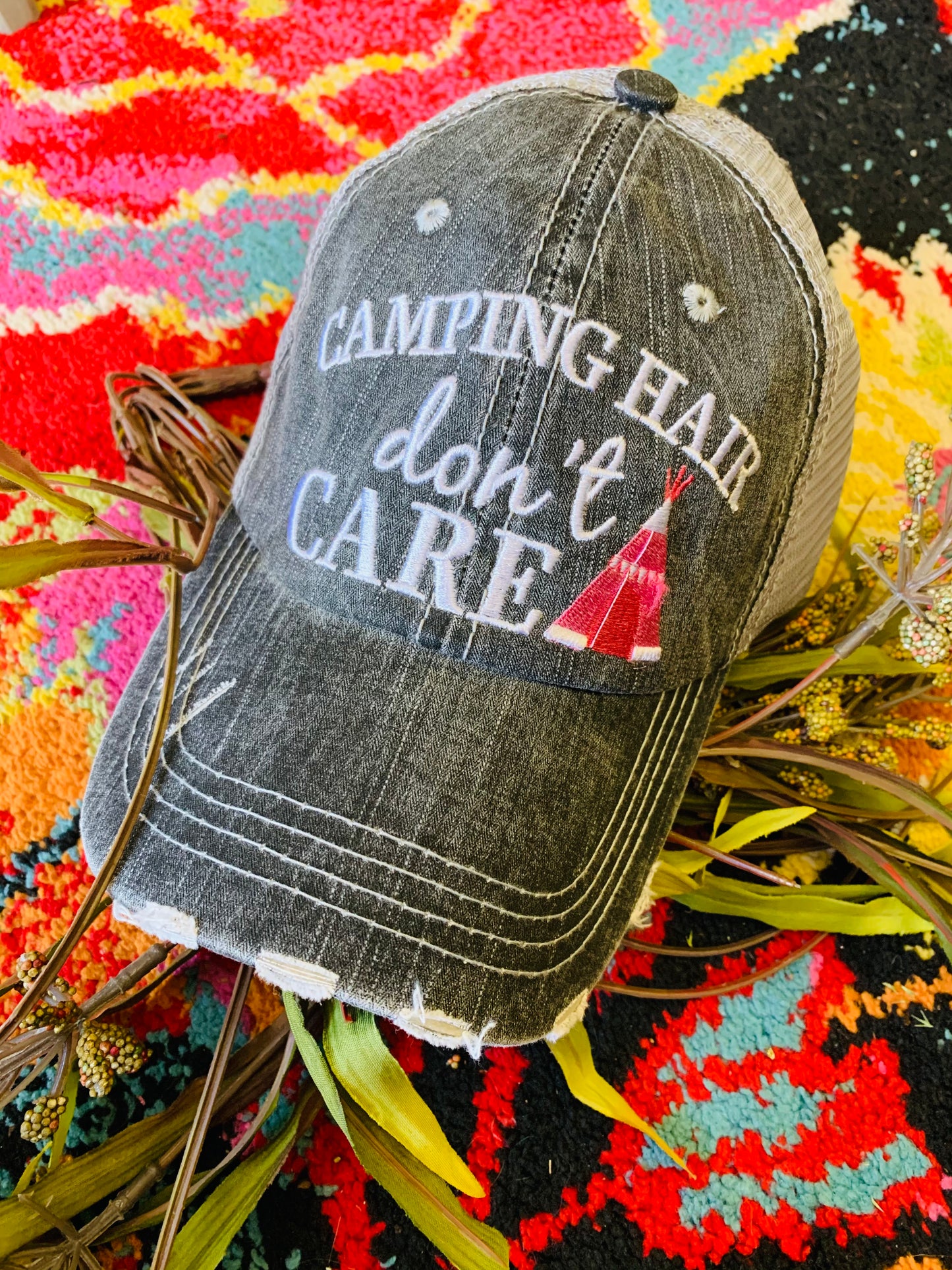 Camping hats Glamping hair dont care Happy camper Camping hair Embroidered Unisex caps - Stacy's Pink Martini Boutique