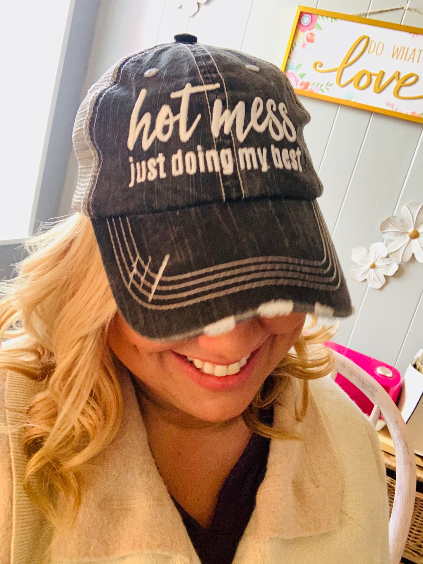 HOT MESS just doing my best hats Embroidered gray distressed unisex trucker caps Womens gift - Stacy's Pink Martini Boutique