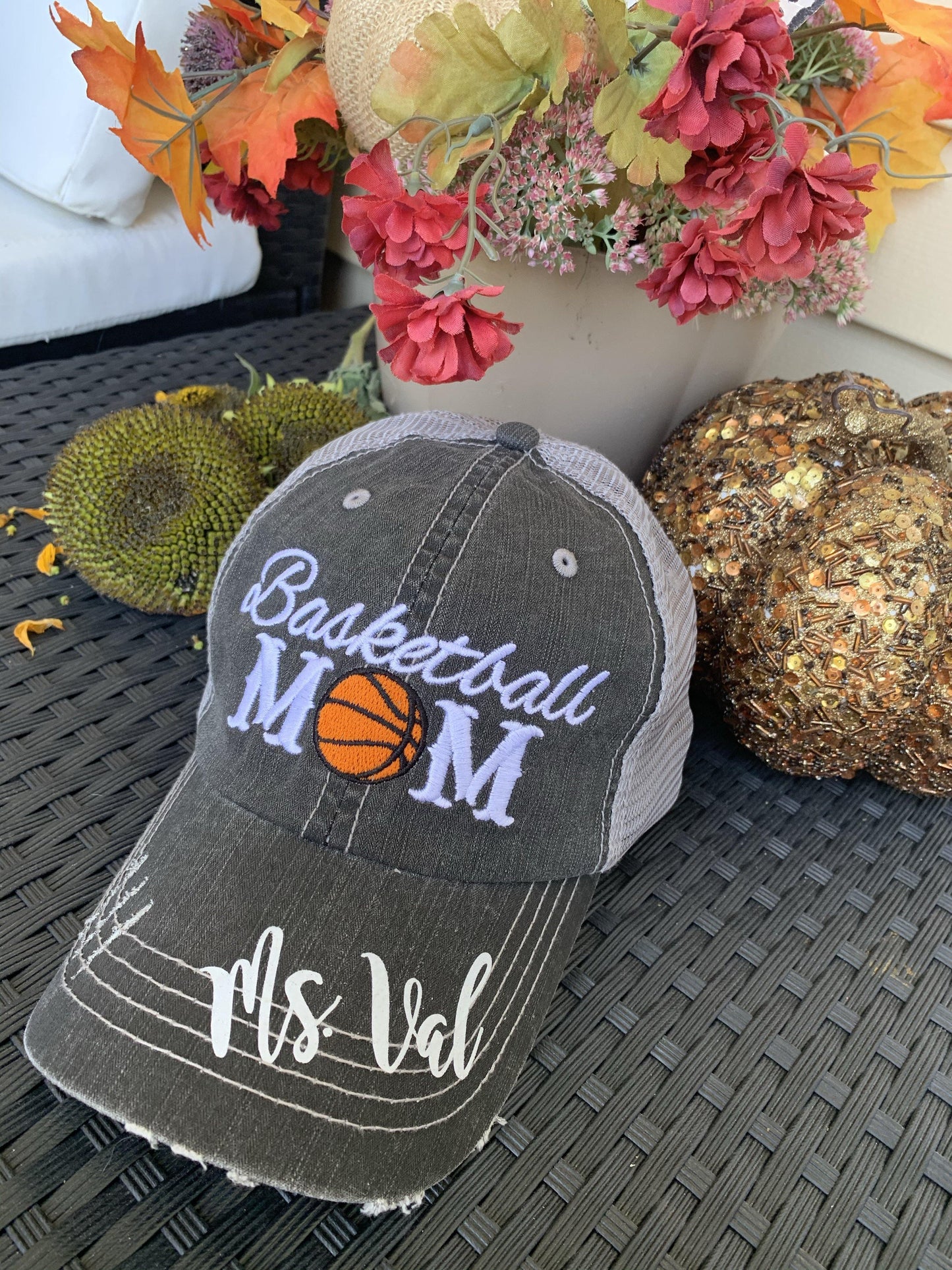 Basketball hats! Basketball mom | Customize | Embroidered distressed gray women’s trucker caps • Add names, number, BLING! - Stacy's Pink Martini Boutique