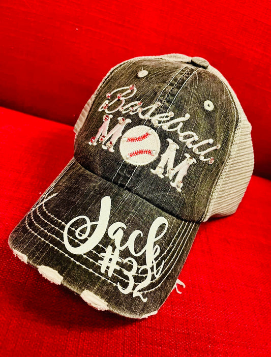 Personalized sports mom BASEBALL MOM hat Embroidered gray womens distressed cap Adjustable velkro hole for pony Rhinestone bling