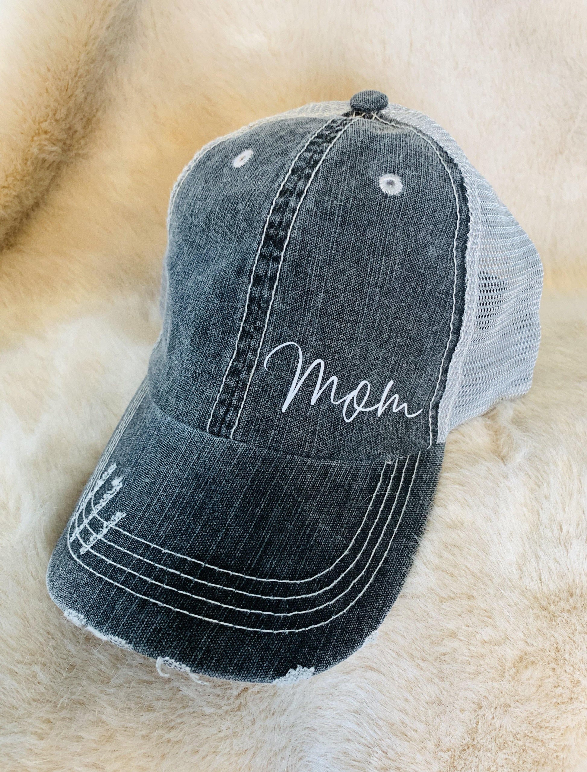 Hats { Mom } Gray distressed trucker with adjustable Velcro and hole for pony. - Stacy's Pink Martini Boutique