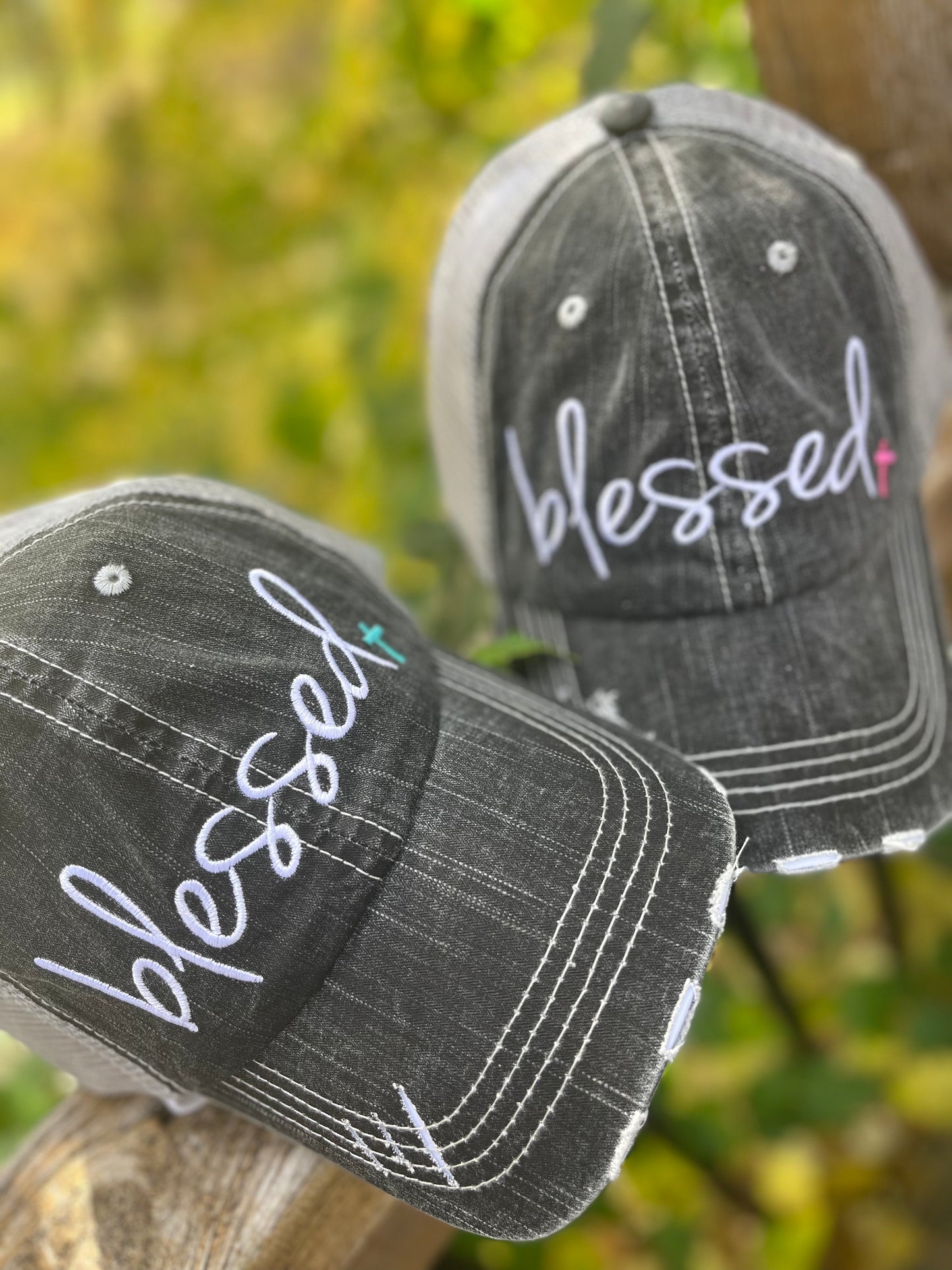 Blessed hats Embroidered distressed gray trucker cap