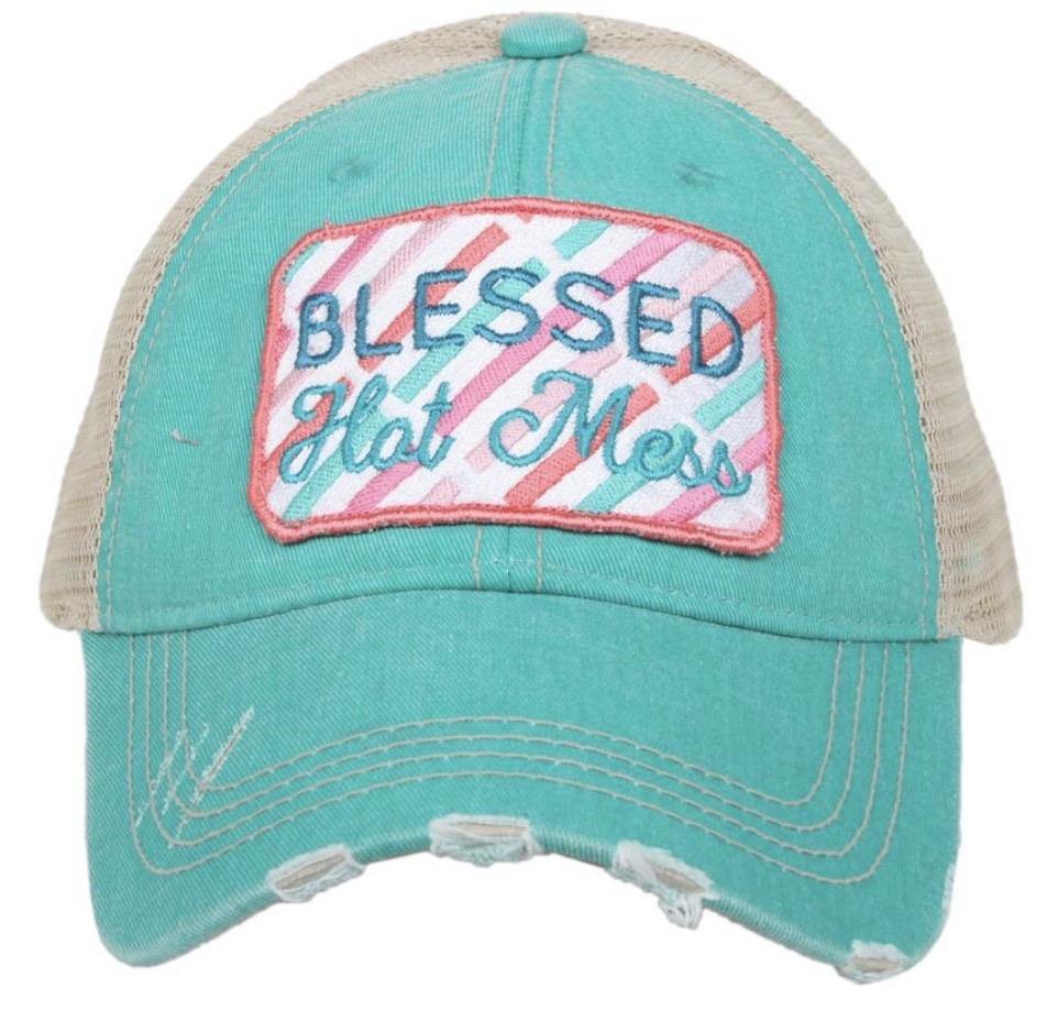 Blessed hats Blessed hot mess Simply blessed Crosses Embroidered distressed adjustable trucker caps - Stacy's Pink Martini Boutique