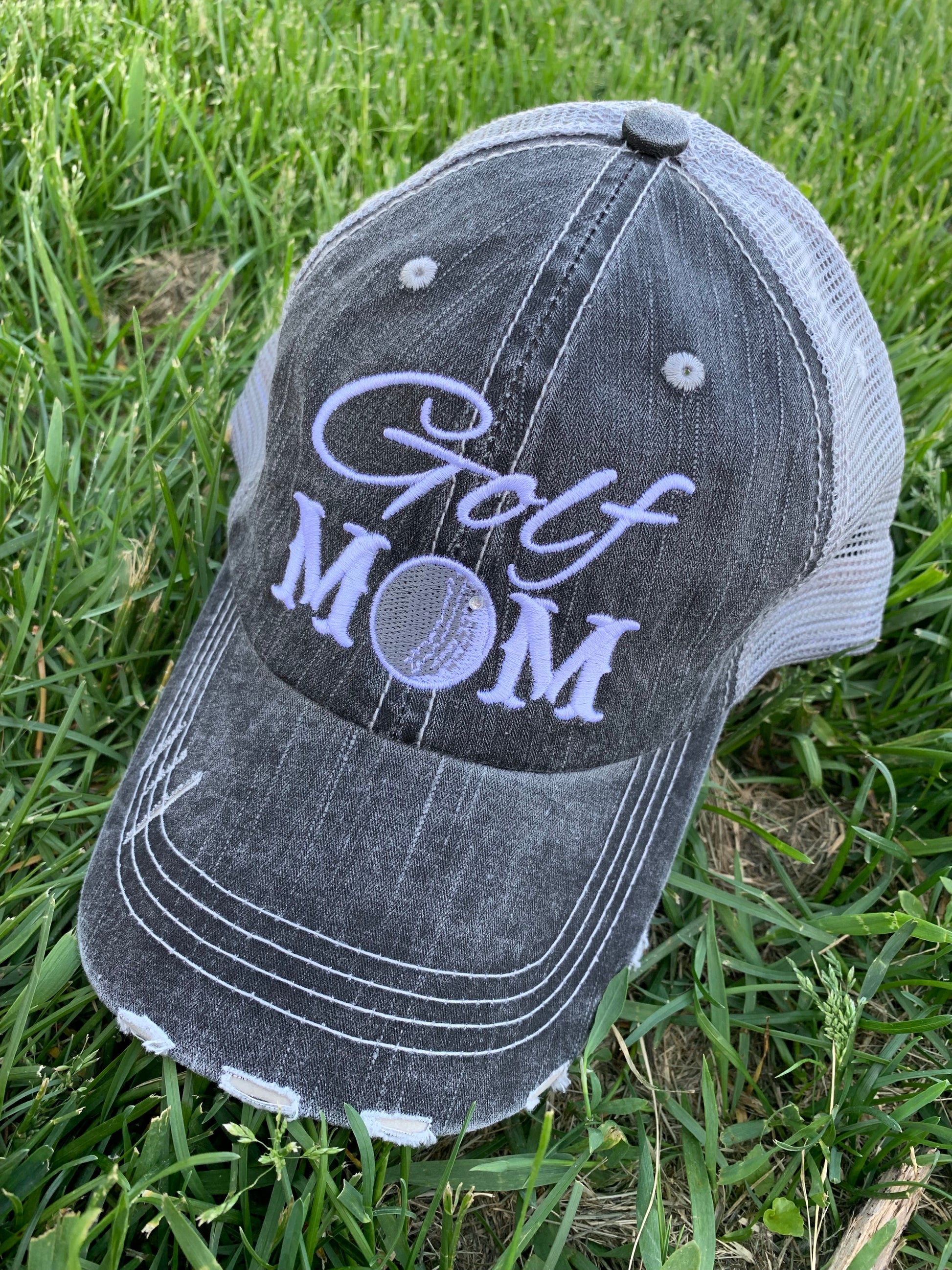 Golf hats! Golf mom | Golf hair dont care | Embroidered distressed trucker caps CUSTOMIZE-name-numbers-BLING! - Stacy's Pink Martini Boutique