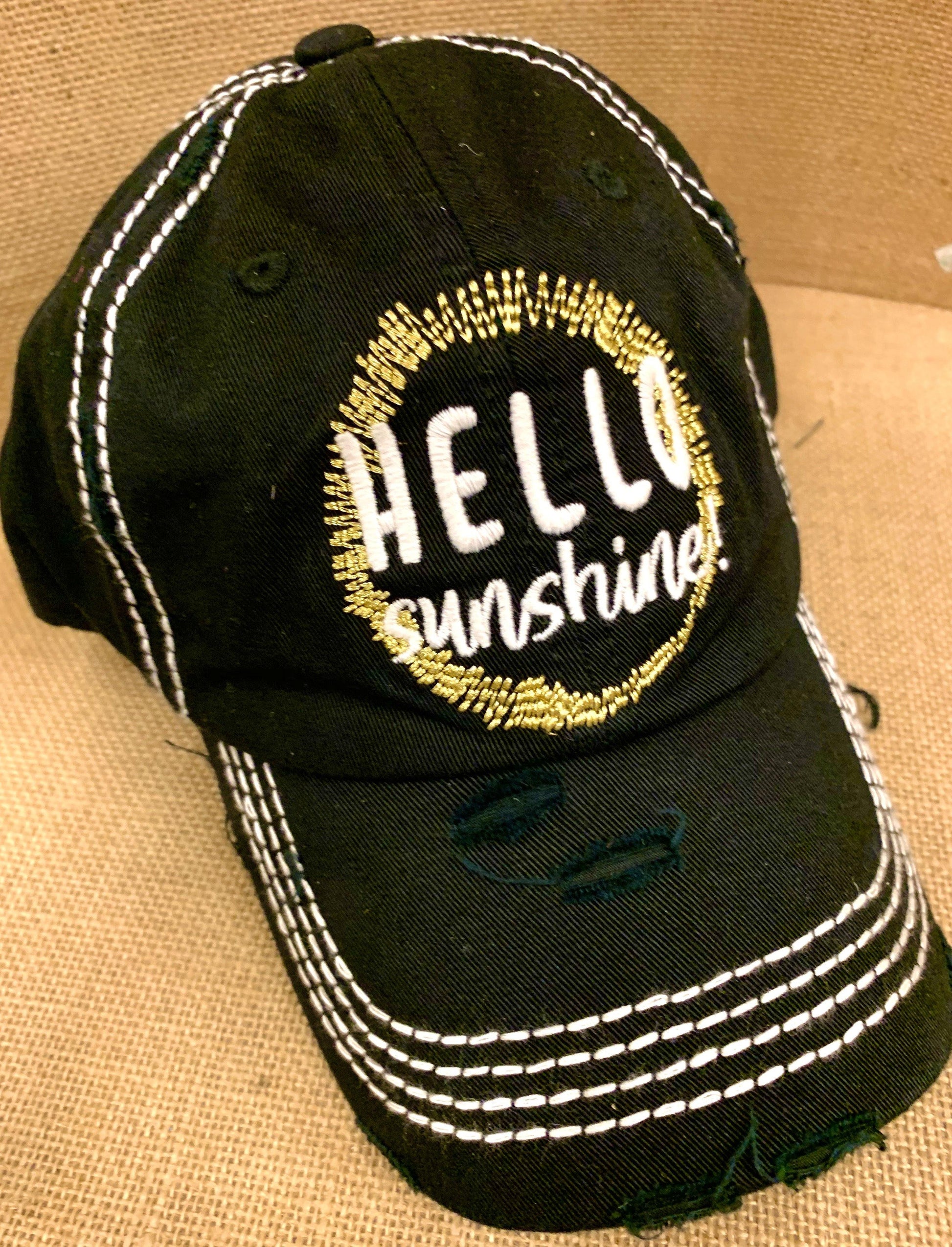 HELLO SUNSHINE hat Embroidered black distressed womens trucker cap - Stacy's Pink Martini Boutique