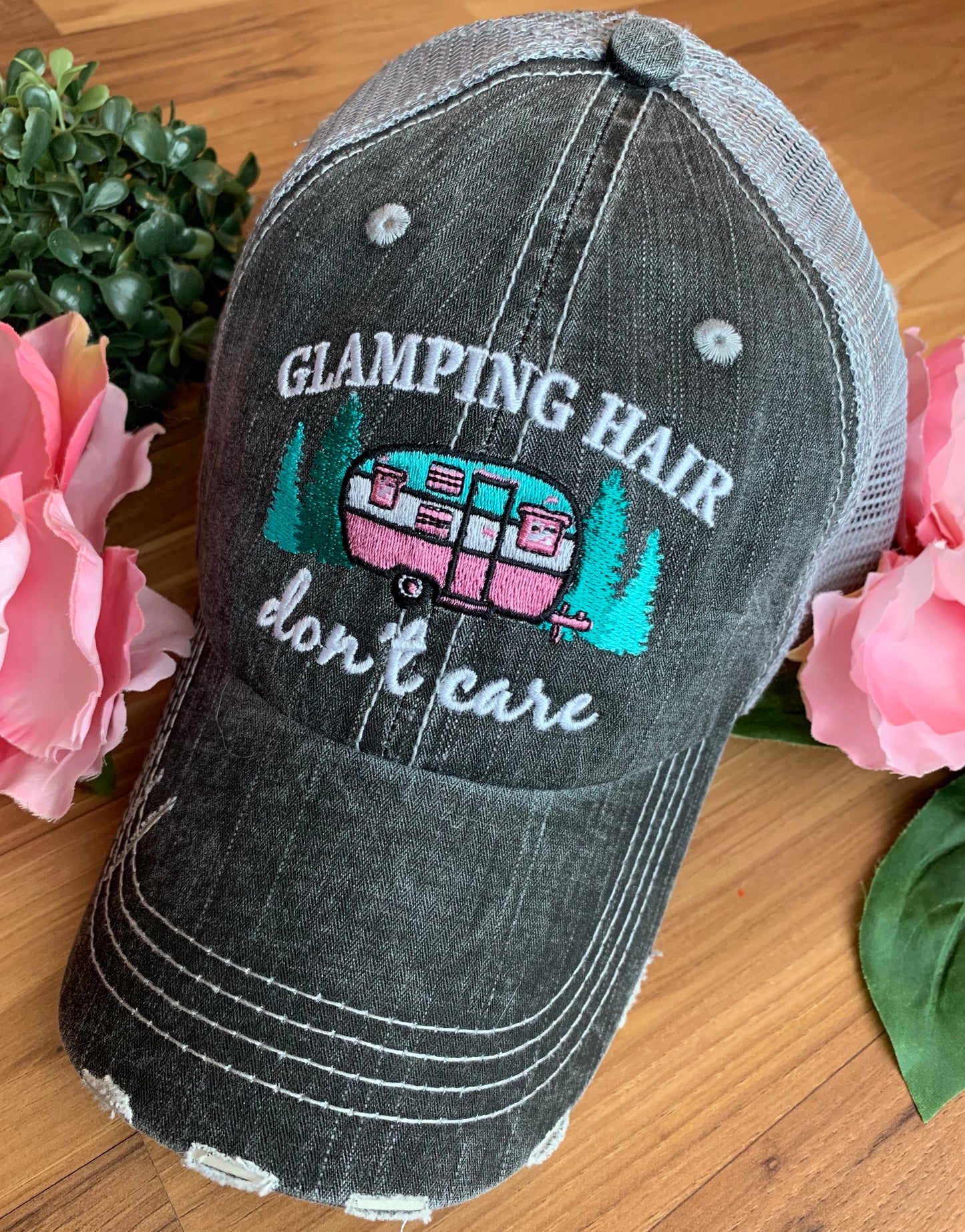 Camping hats Glamping hair dont care Happy camper Camping hair Embroidered Unisex caps - Stacy's Pink Martini Boutique