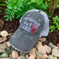 Hat { Hunting hair dont care } Gray with black and red buffalo plaid deer. Embroidered gray distressed trucker cap with adjustable Velcro and hole for pony. - Stacy's Pink Martini Boutique