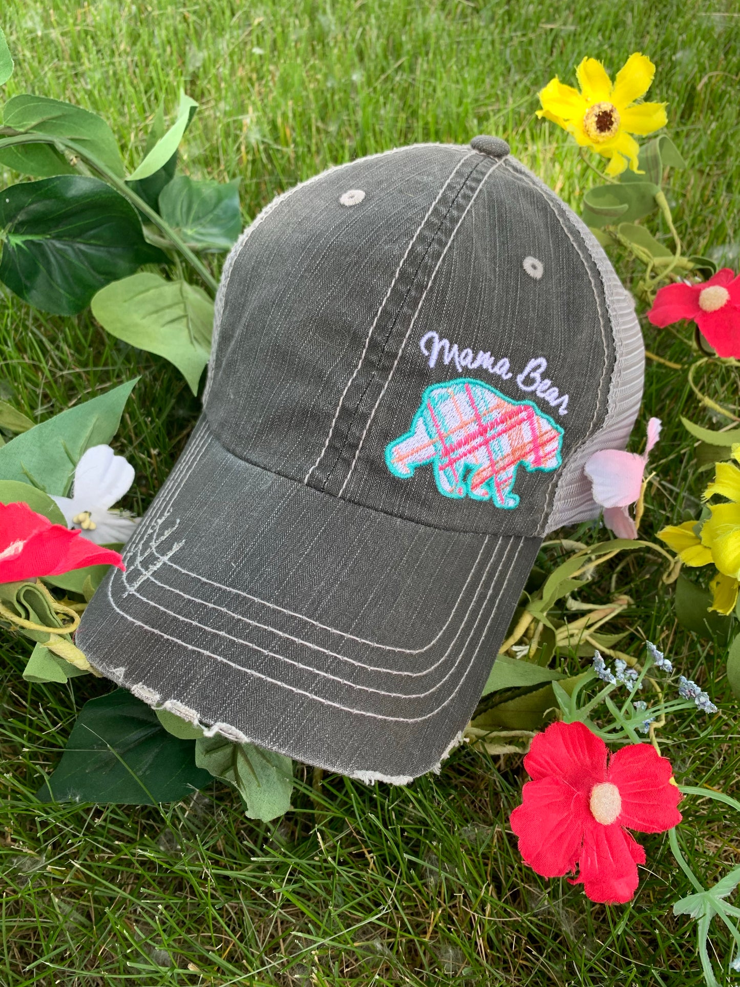 Mom hats Mama bear Baby bear Embroidered distressed womens trucker caps Buffalo plaid - Stacy's Pink Martini Boutique