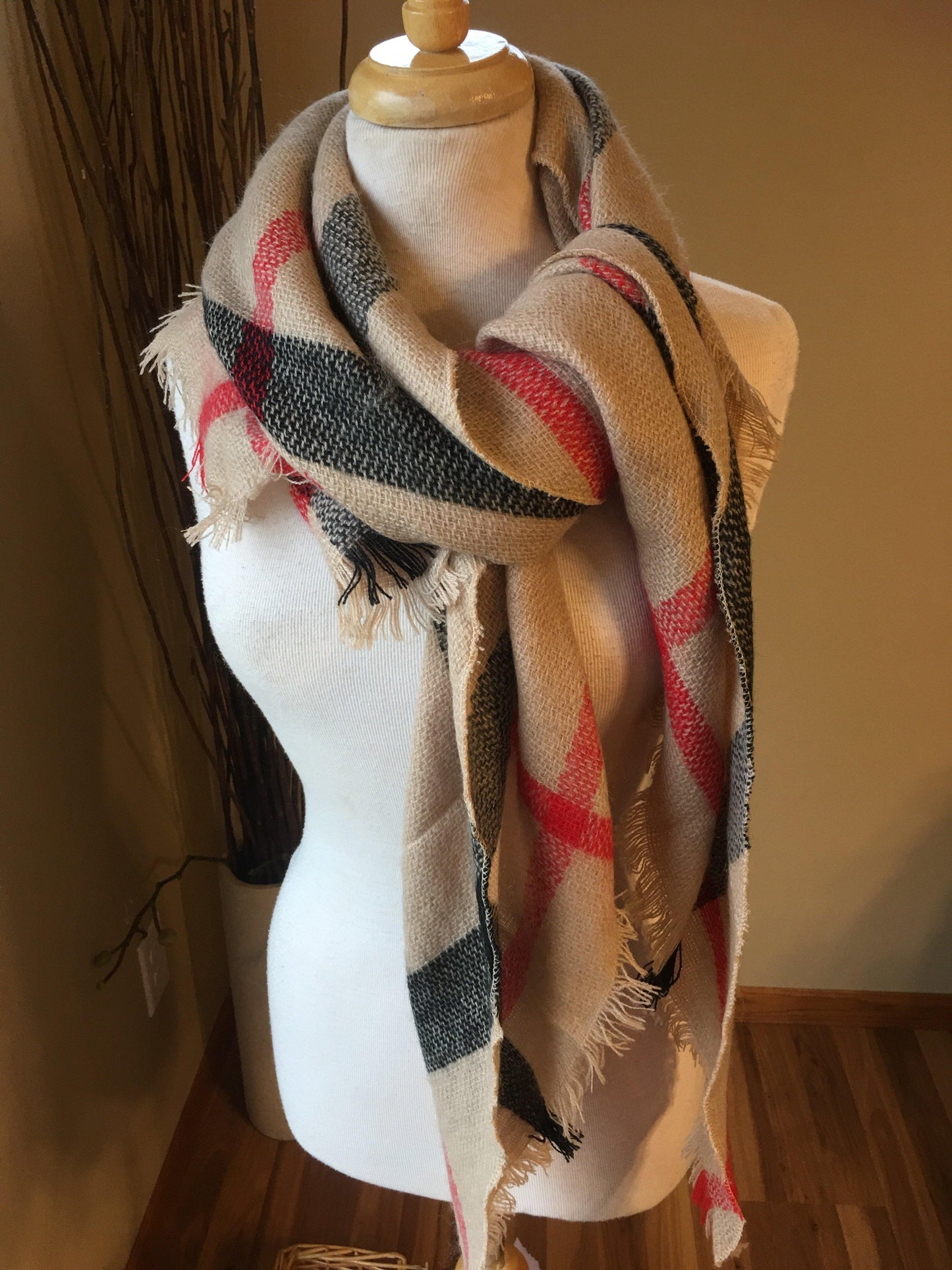 Blanket scarf { Classic check } Camel. Large square blanket scarf. - Stacy's Pink Martini Boutique