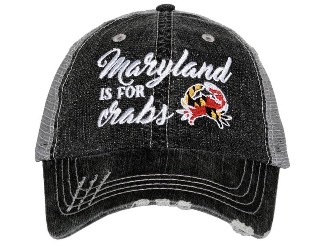 Hats { Maryland is for crabs } Crab. State of Maryland. Embroidered gray distressed trucker cap. Unisex. Adjustable Velcro. - Stacy's Pink Martini Boutique