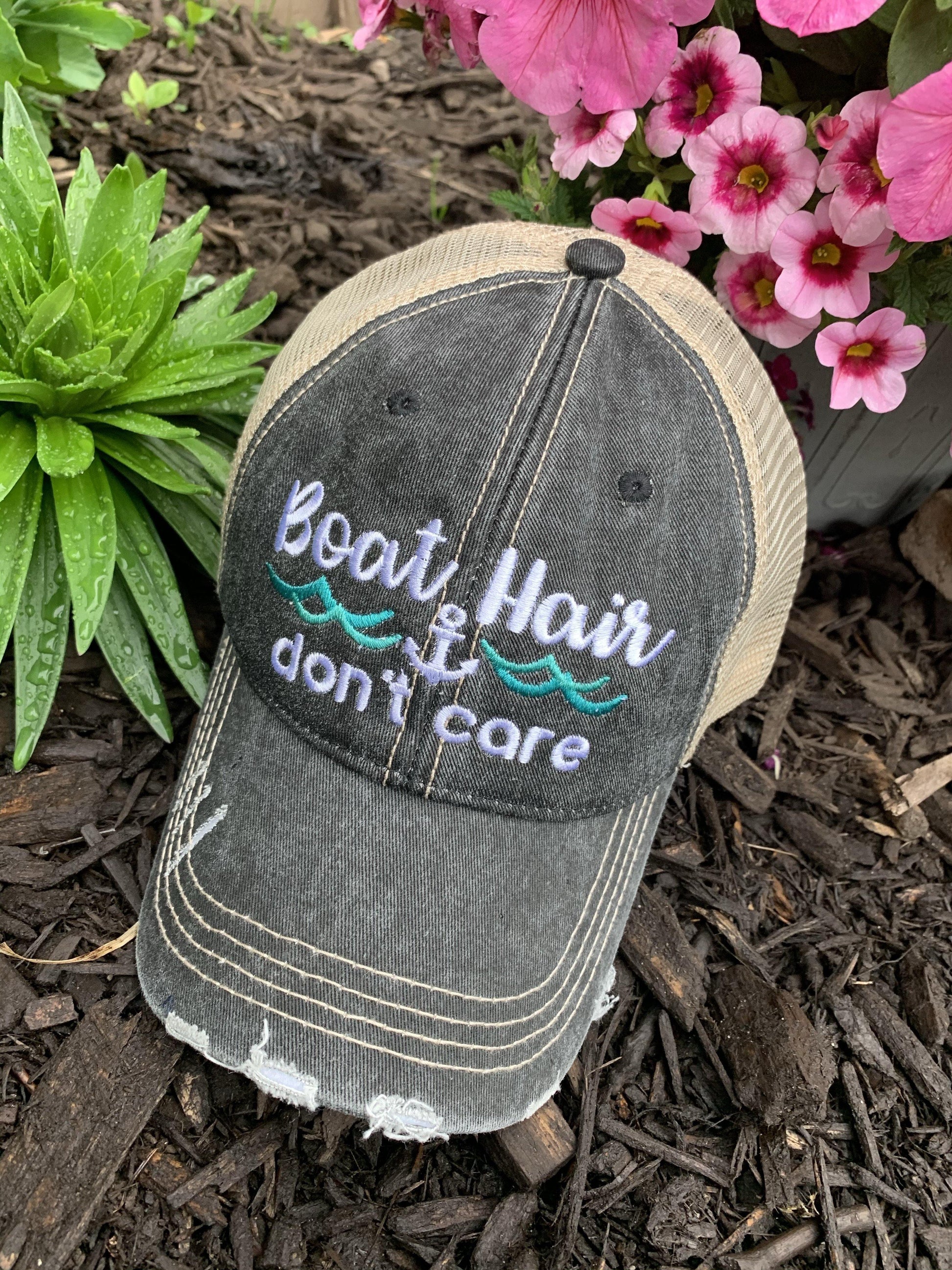 Boat Hats Boat Hair Dont Care Black Embroidered Trucker Cap Adjustable Mesh Back Hat. Boat Hair Don’t Care. Dark Gray Hat. Teal Waves, White Anchor. /