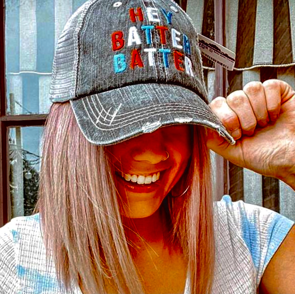 Baseball hats Hey batter batter Embroidered unisex trucker caps - Stacy's Pink Martini Boutique