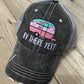Camping hats { RV there yet? } Gray with pink & teal or gray with blue and pink. Embroidered distressed trucker cap with adjustable Velkro & hole for pony. Unisex. Vintage camper. Camping. - Stacy's Pink Martini Boutique