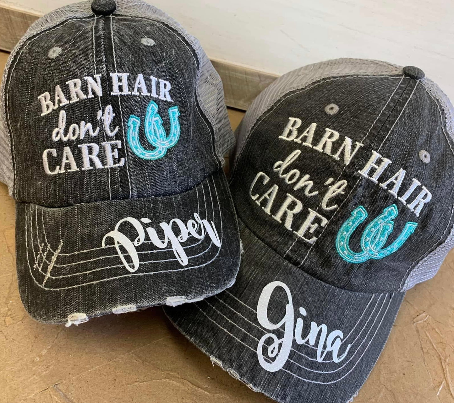 Personalized Barn Hats Barn hair dont care Personalize TEAL PINK or WHITE horseshoe Embroidered Distressed Horses Riding - Stacy's Pink Martini Boutique