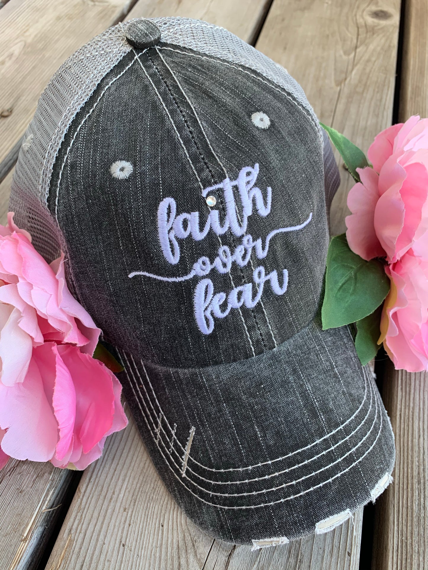 Faith hats and clothing FAITH OVER FEAR Embroidered trucker caps - Stacy's Pink Martini Boutique