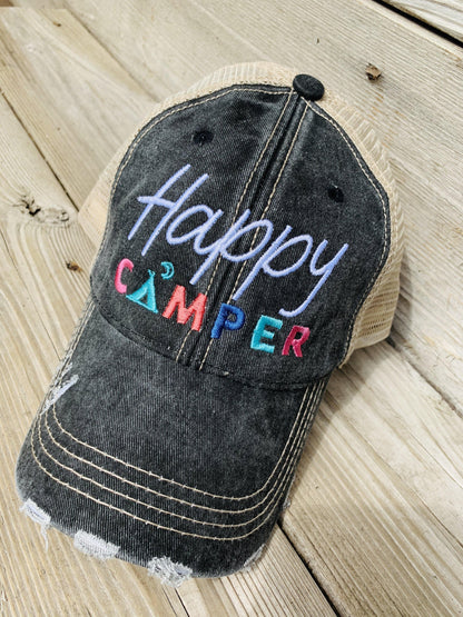 Camp hats Happy Camper 4 colors Embroidered distressed trucker caps Unisex - Stacy's Pink Martini Boutique