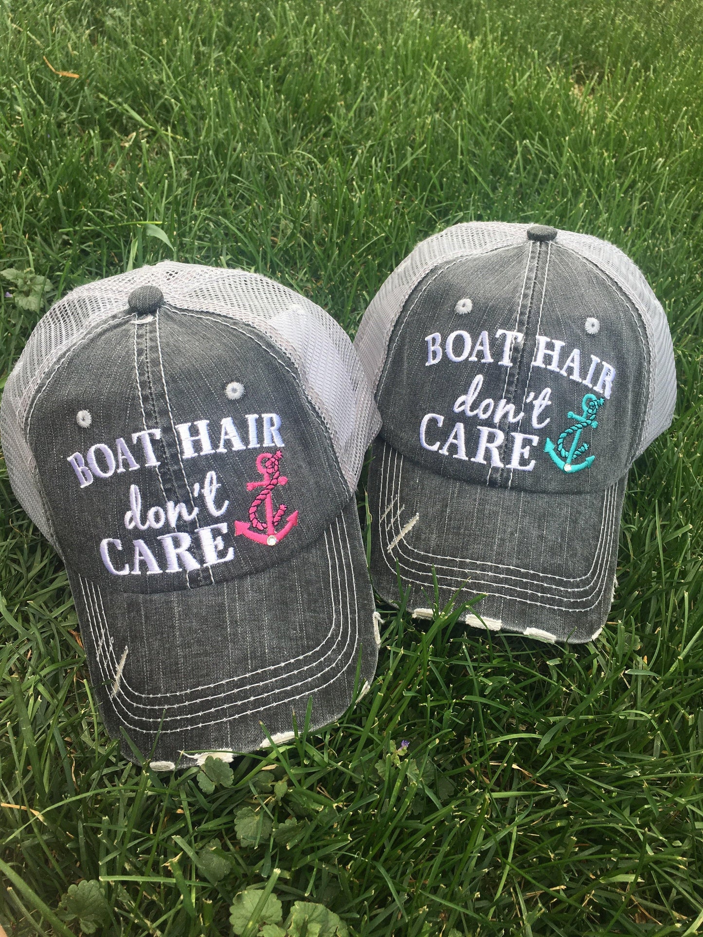 Boat hats! Boat hair dont care. FREE ship and FREE jewelry with each order. Embroidered distressed gray trucker hats with anchors. - Stacy's Pink Martini Boutique