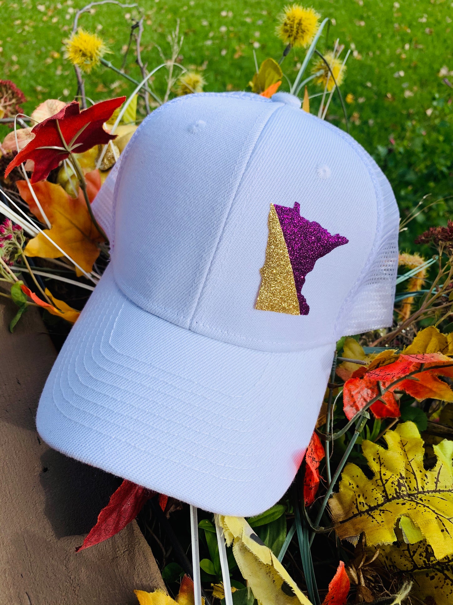 Hats { Minnesota Vikings } White structured hat with mesh back and purple and gold glitter state of Minnesota. Adjustable snap back cap. Unisex. - Stacy's Pink Martini Boutique