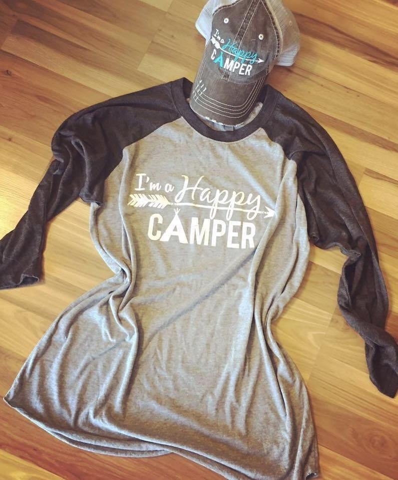 I’m a happy camper t-shirt •• 3/4 sleeve gray and black raglan •• XS - XL •• Camping shirts • Camp • RV - Stacy's Pink Martini Boutique