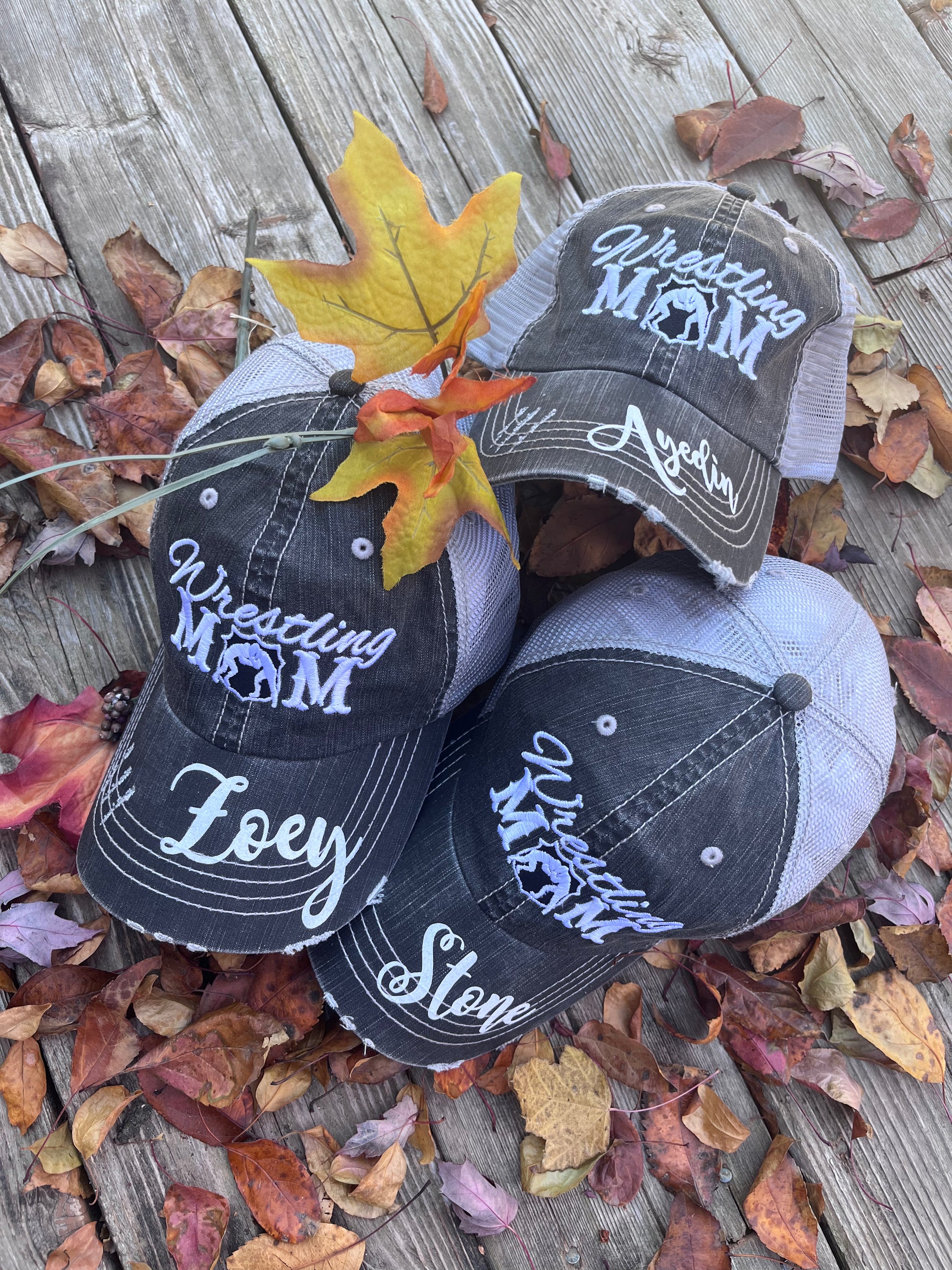 Wrestling mom hats Personalized embroidered gray womens trucker