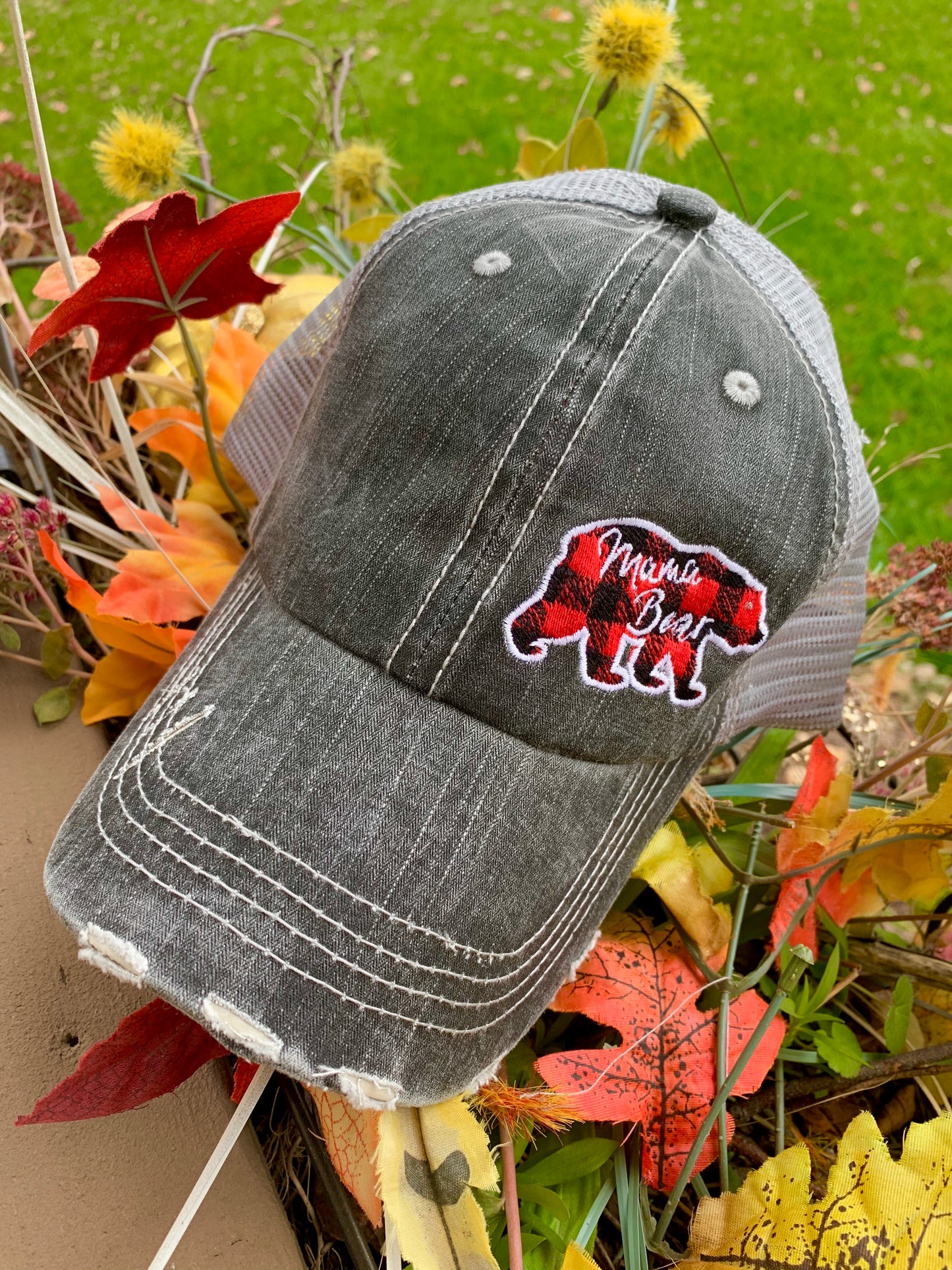 Mom hats Mama bear Baby bear Embroidered distressed womens trucker caps Buffalo plaid - Stacy's Pink Martini Boutique