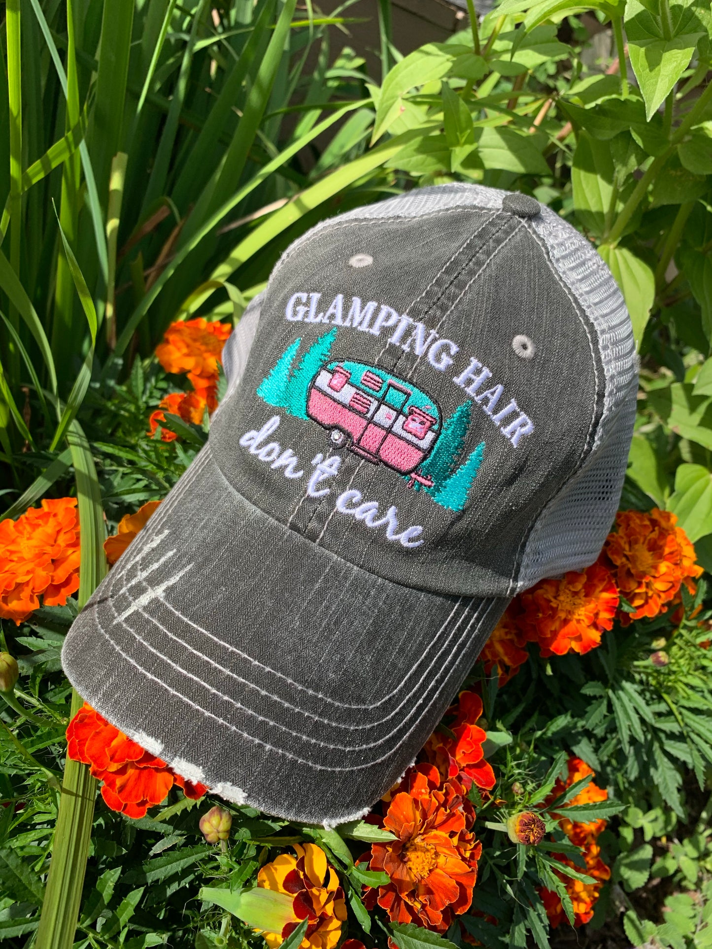 Camping hats Glamping hair dont care Happy camper Camping hair Embroidered Unisex caps - Stacy's Pink Martini Boutique