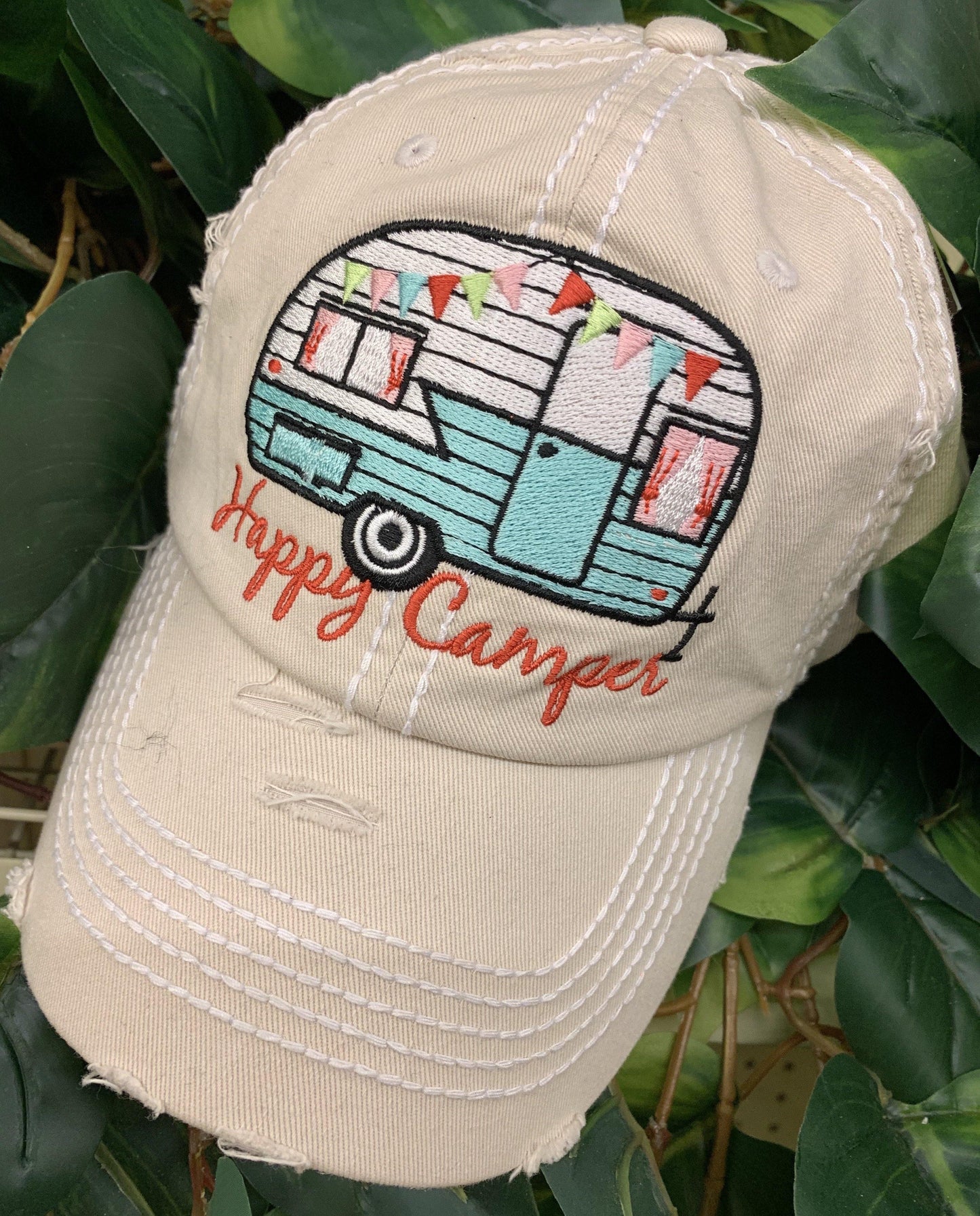Happy camper Hats Embroidered distressed trucker caps - Stacy's Pink Martini Boutique