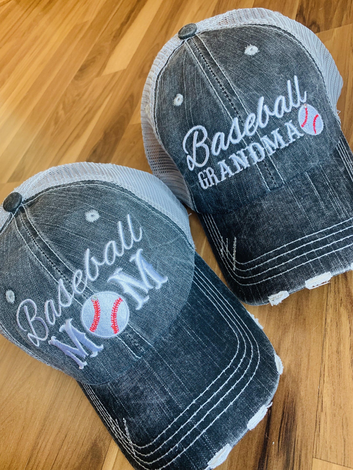 Baseball Grandma • Mimi • Nana • Gigi | Embroidered gray distressed trucker caps | Personalize - Stacy's Pink Martini Boutique