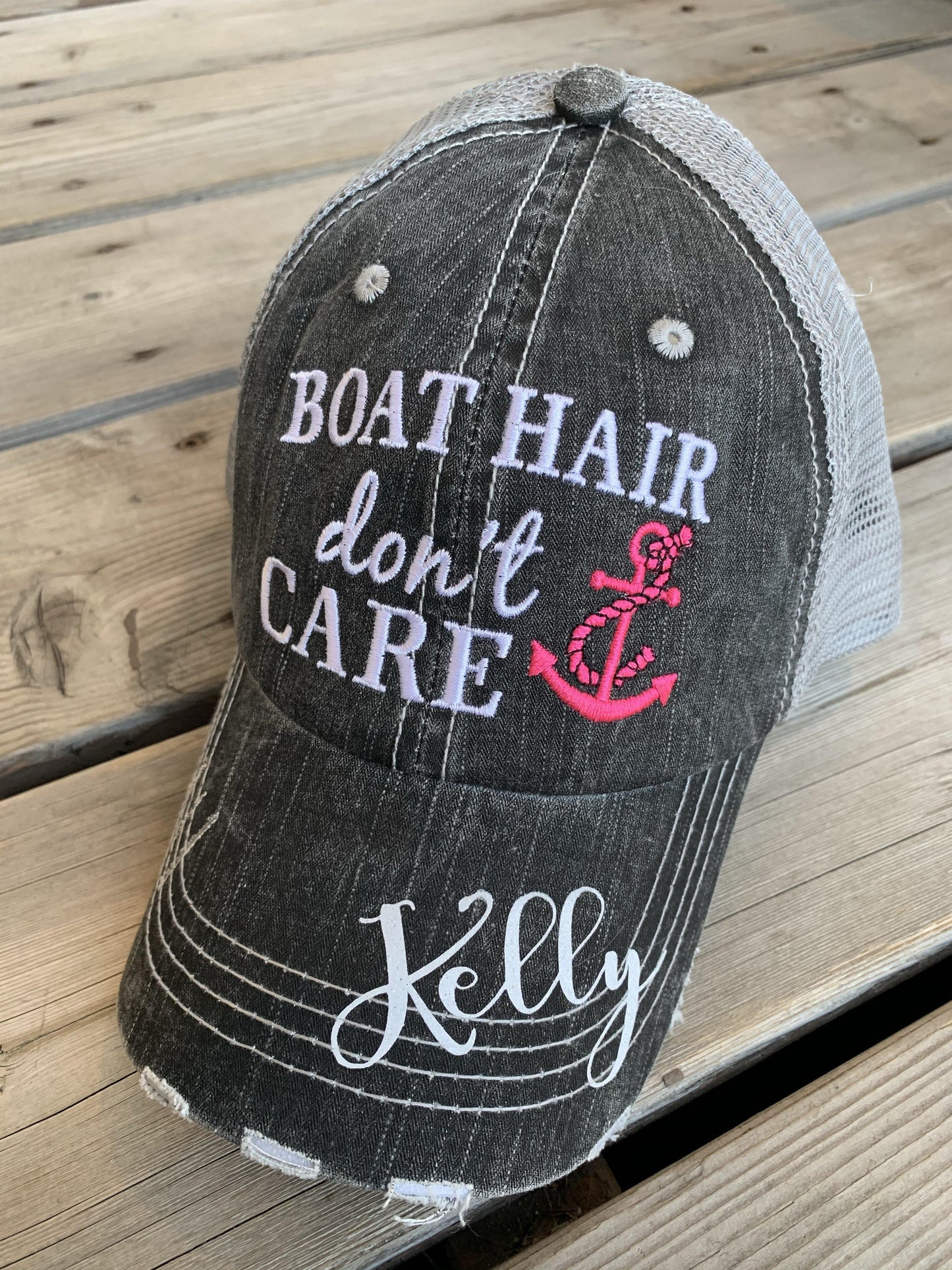 Boat hats! Boat hair dont care. FREE ship and FREE jewelry with each order. Embroidered distressed gray trucker hats with anchors. - Stacy's Pink Martini Boutique