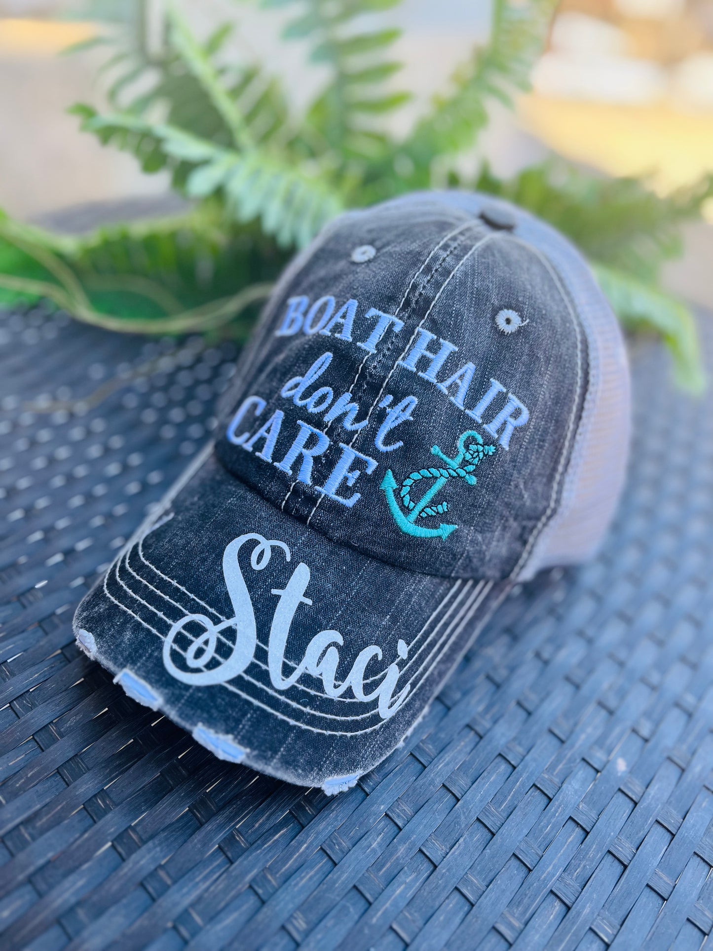 Boat hats Boat hair dont care FREE ship are Embroidered distressed gray trucker hats Anchors Pink Teal Boating - Stacy's Pink Martini Boutique