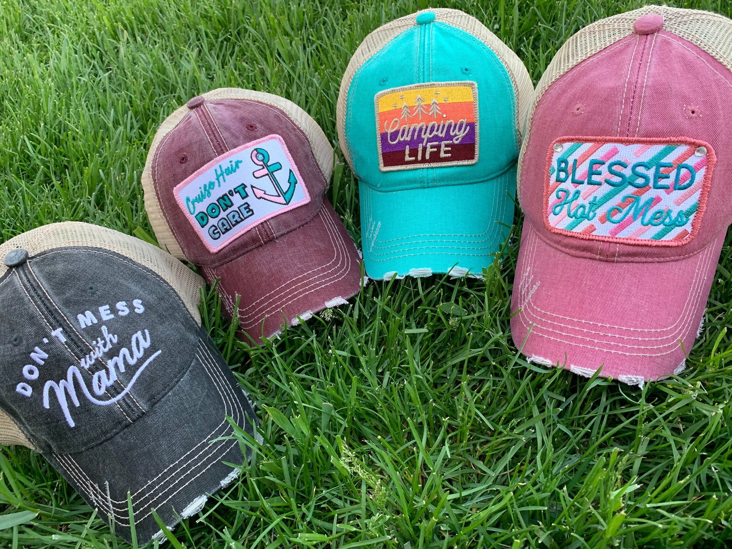 Mom hats! Hat { Don’t mess with mama } Customize with last names, kids names, sports numbers! Embroidered distressed trucker caps. Adjustable. - Stacy's Pink Martini Boutique