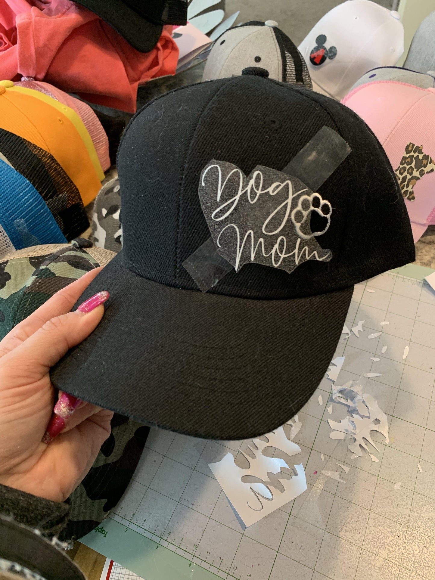 Dog hats Dog mom Assorted colors Distressed womens trucker caps Embroidered paw - Stacy's Pink Martini Boutique
