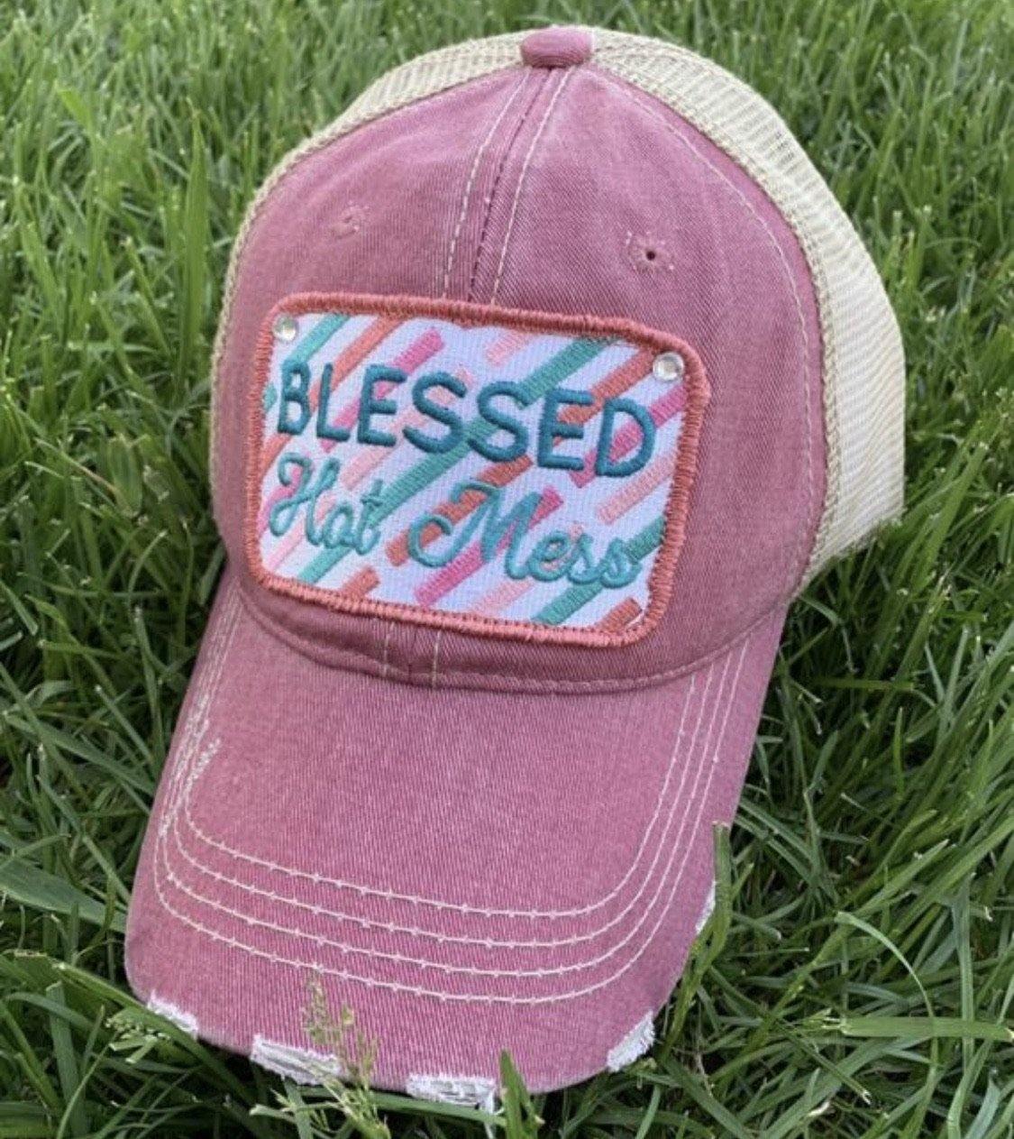 Blessed hats Blessed hot mess Simply blessed Crosses Embroidered distressed adjustable trucker caps - Stacy's Pink Martini Boutique