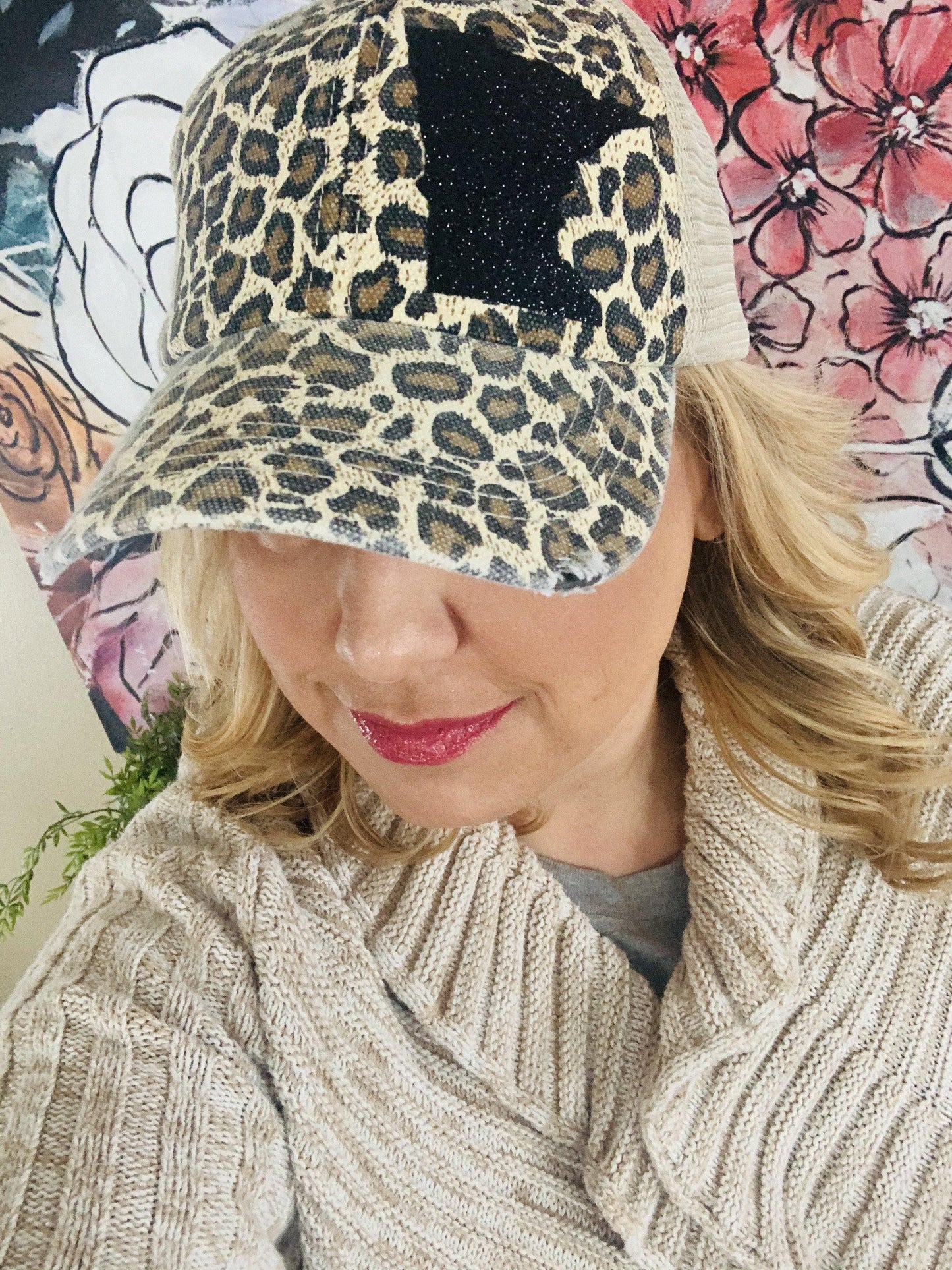 Leopard print state hats Minnesota or any state Baseball trucker cap animal print - Stacy's Pink Martini Boutique