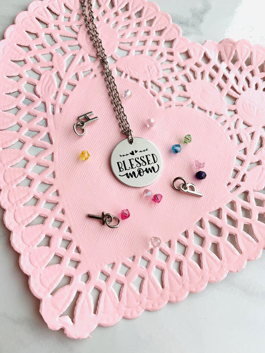 Blessed mom jewelry | Necklace | Stainless steel ~ Customize with birthstones and initials - Stacy's Pink Martini Boutique