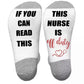 Socks { if you can read this this teacher is off duty } Gray, white with black and red graphics. Heart. NURSE or TEACHER. - Stacy's Pink Martini Boutique