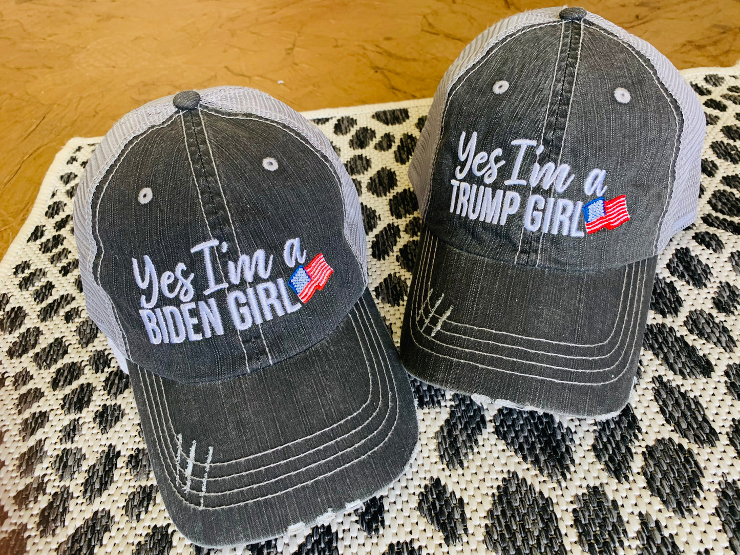 TRUMP & Biden hats! | Trump hair dont care | YES I’m a Trump girl | Yes I’m a Biden girl | American flag | USA - Stacy's Pink Martini Boutique