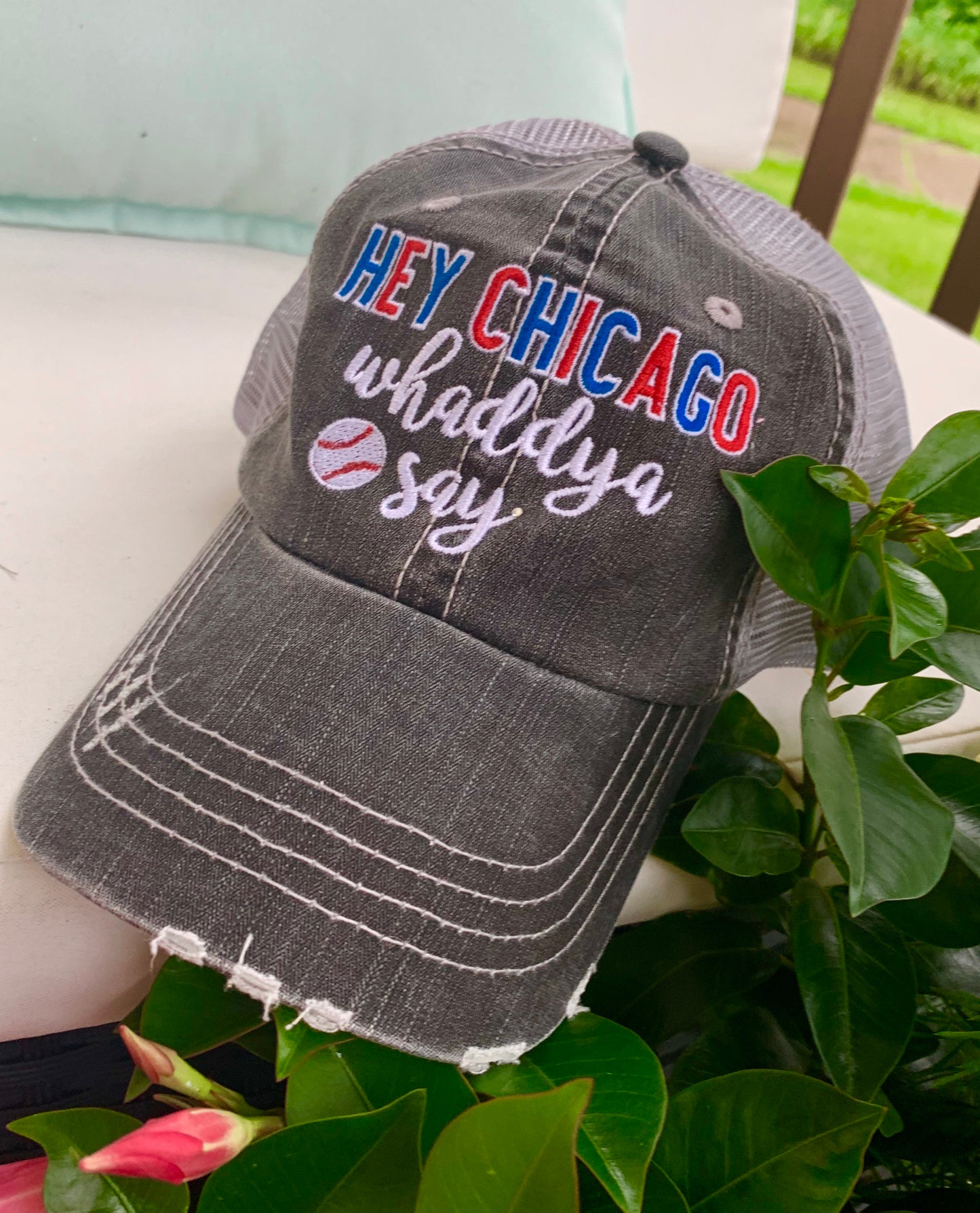 Baseball hats Chicago Cubs Hey Chicago whaddya say Embroidered distressed gray trucker cap Unisex - Stacy's Pink Martini Boutique